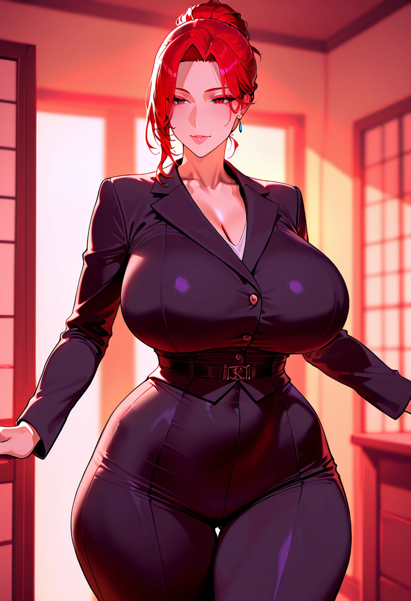 beautiful woman, ((caucasian skin)), red hair, short hair, seductive smile, ((streets)), mafia clothes, red lipstick, green eyes, slender body, gold neck chain, busty