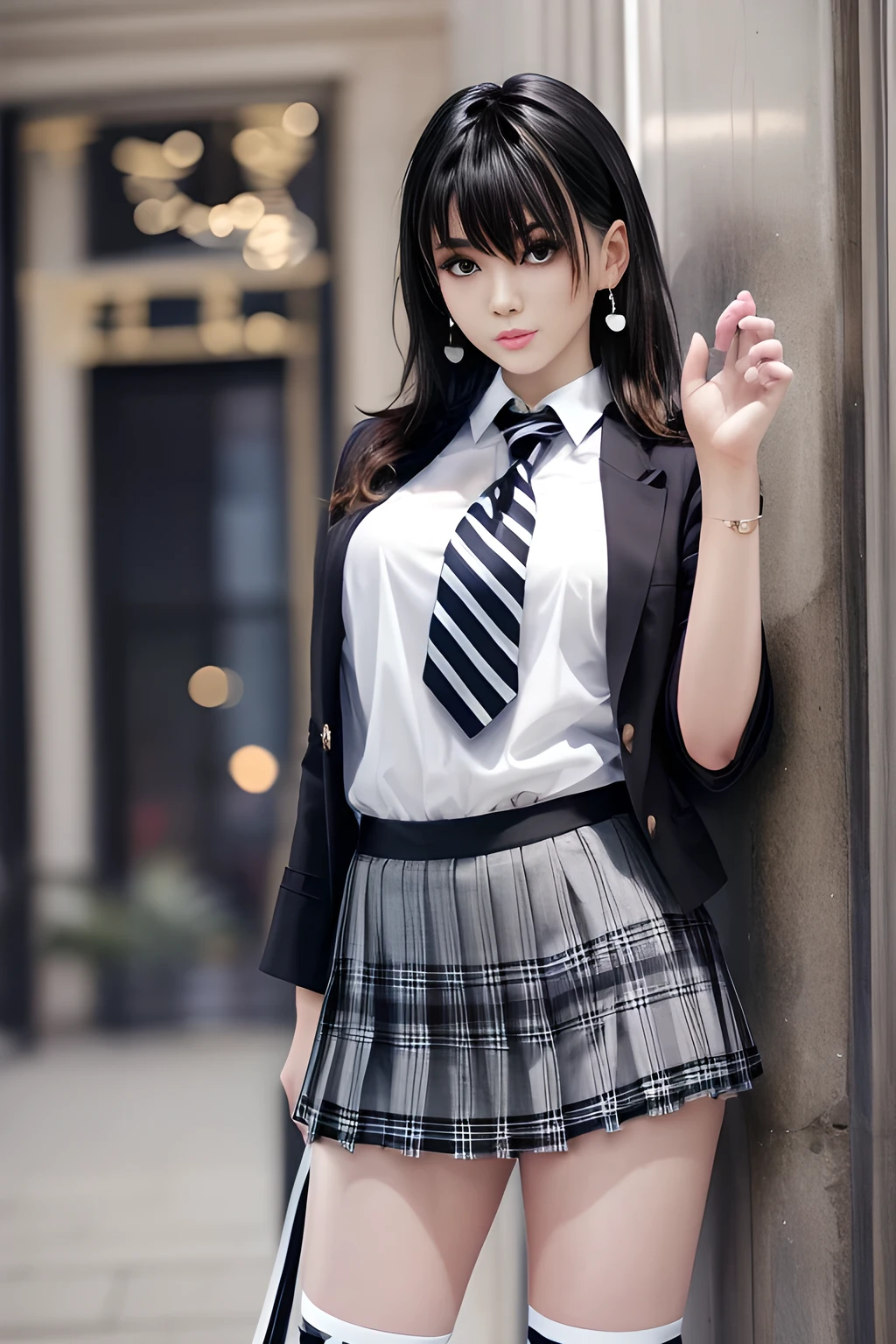 Top quality, high image, 1 woman, 18 years old, school stairs, black jacket, Medium breasts,white blouse,(plaid miniskirt), cotton panties,upskirt from below