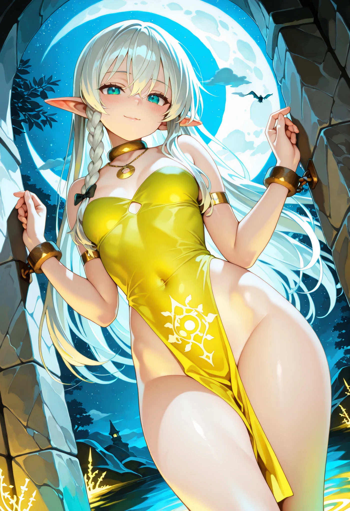 1girl,solo,cowboy shot,(standard height),standing,(blonde hair:1.8),long hair,ahoge,hairs between eyes,curly hair,(brown eyes:1.2),(beautiful fingers:1.2),(perfect anatomy:1.4),(arms_behind_back:1.6),(cold_shoulder:1.2),BREAK,(pastel green silk lace glossy lamé one-piece_swimsuit:1.4),(latex luster shiny glossy metallic:1.6),(shiny_clothes:1.6),small breasts,masterpiece,best quality,(Ultra high definition eyes:1.6),8k,(Beautiful detailed eyes:1.6),(Fine and beautiful eyes:1.6),(pretty eyes:1.6),finely detail,extremely CG, absurdres,high resolution,illustration,Detailed and beautiful outlines,finely detail,high resolution,(colorful refraction:1.4,Increase saturation:1.2),beautiful lighting,dynamic lighting,closed room,black background,simple background, smile,looking at viewer,yoshida yuuko \(machikado mazoku\),shamiko,(horns:1.2),(white Clear PVC sheets sleeves:1.4),(sheer sleeves:1.4),(see-through sleeves:1.4),(wide sleeves:1.2),(pastel green thigh boots:1.2)