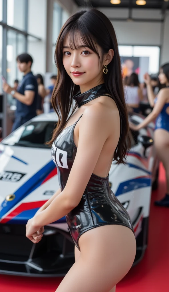 Best Quality, 1womanl, very curvy, (rather large breasts, cleavage of the breast)、stoic, dark brown hair, bobhair、racing suit, Full lips, Seductive, Mature、skirt by the、Race Queen、A slender、 masterpaintings, best qualtiy, Photorealsitic, ultra-detailliert, (shinny skin:1.4), slender,dynamic light and shadow,hight resolution,Sharp Focus、A slender、(thick thight),Skysky、Grid Girl, underboob, Wear the grid_Girl costume printed with sponsor's logo, (Stand in a motorsport race)+ left hand on waist、((Angle from below))、Blur the background
