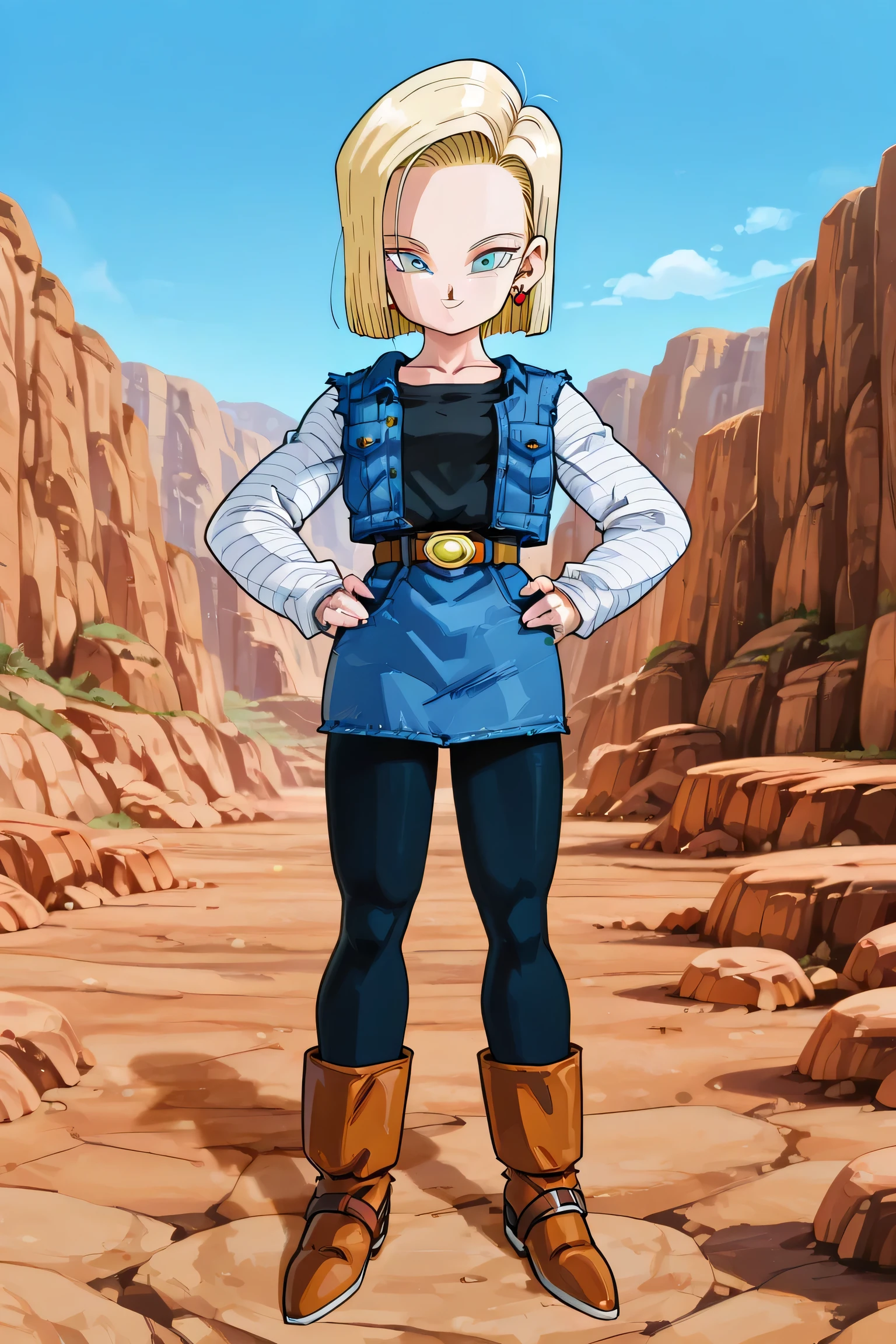 android 18, blue eyes, short blonde hair, earrings,denim skirt, black shirt, long striped sleeves, brown belt, black pantyhose, denim vest, boots, looking at viewer, smiling, full body shot, standing, hands on hips, canyon, rocks, blue sky, high quality, masterpiece,