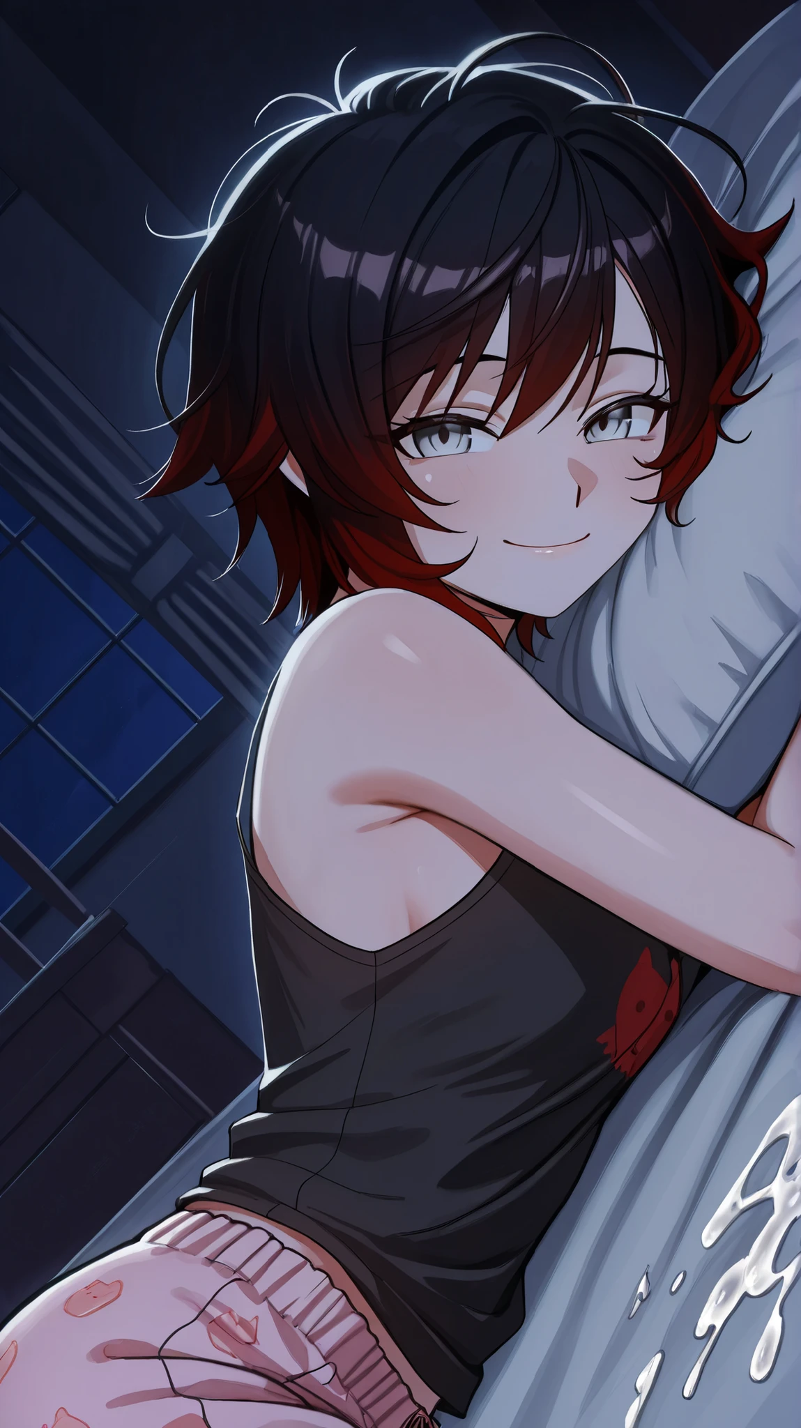 RubyR0se, 1girl, short hair, messy hair, black hair, red hair, two tone hair, gray eyes, Vol1Pajamas, pajamas, black tank top, pink pants, indoors, bedroom, large beed, laying on bed, laying on side bedside table, looking at viewer, satisfied tired smile, after sex, cum, upper body, close-up of face, from side, darkness, dark, night, score_9, score_8_up, score_7_up, source_anime, anime_screencap, masterpiece, best quality, highres, high detail