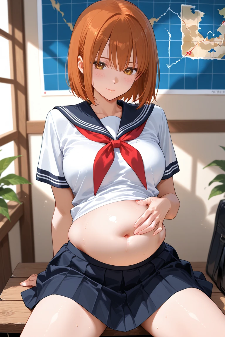 Pixiv style, A high resolution, Hyper-realistic, Anime style, 4K, A woman who is. Japanese high school student sitting on a park bench. High school sportswear. sweatshirts. Shoot sideways from diagonally. The woman looked up at me,Smile with your mouth closed. The woman's face is written accurately. medium hair length. Slightly larger breasts. Women with a model type. Extremely precisely drawn female eyes. Beautiful female face. Two legs. Two arms. Five fingers to write,extremely precise, Peaceful Japanese park,rich greenery.Pregnant belly,Pregnant women with,a navel