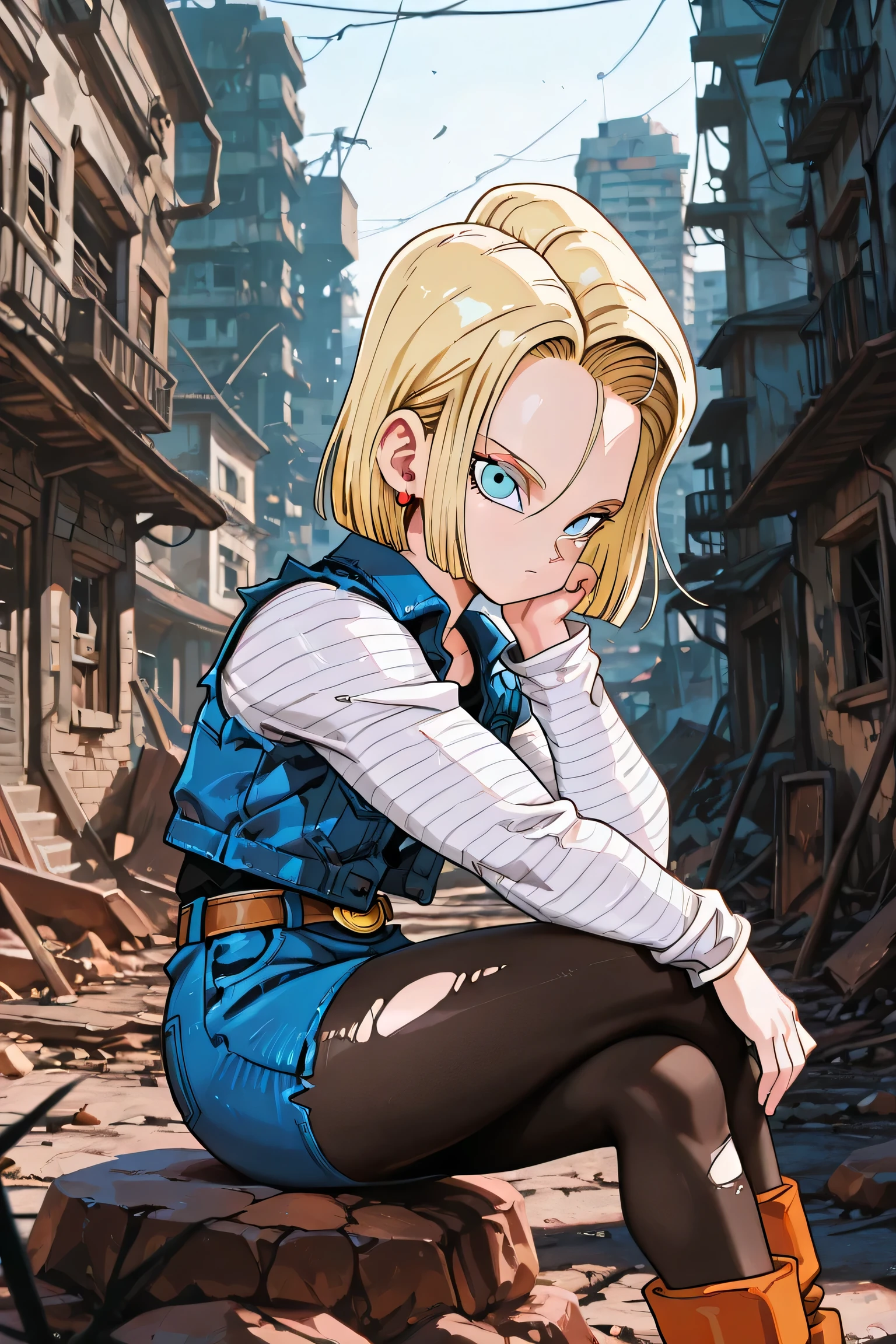 masterpiece, best quality, amazing quality, very aesthetic, absurdres,
android18, 1girl, solo, blonde hair, blue eyes, short hair,,
outif1, stripped sleeves, denim jacket, denim skirt, pantyhose, belt, torn sleeves, long sleeves,,
sitting, crossed legs, squatting, looking at viewer, colorful, cinematic atmosphere, high contrast, blurry background, city in ruins, city in the background, sitting on a rock, collapsed buildings