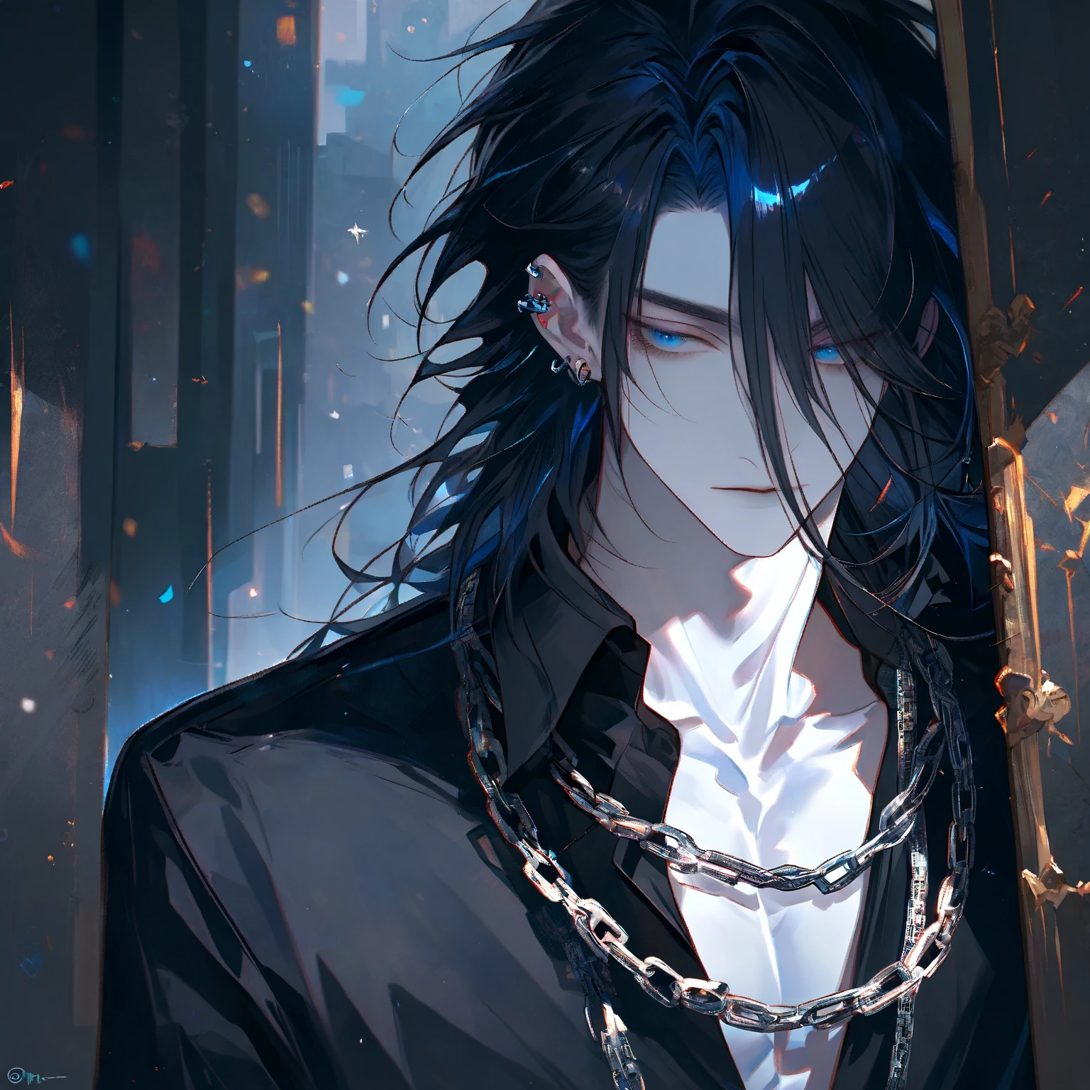 anime boy with black hair and a chain around his neck, anime moe artstyle, male anime style, boy has short black hair, anime style character, young anime man, semi realistic anime, in an anime style, inspired by Okumura Togyu, detailed anime soft face, inspired by Okumura Masanobu, a handsome man,black short hair