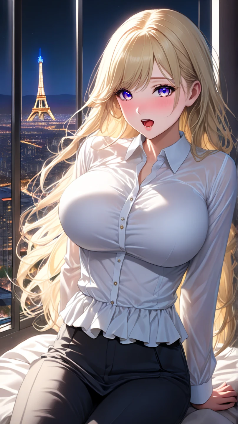 Masterpiece, best quality, ultra detailed,Girl, anime, cowboy shot,,Huge breasts, long hair, gradient hair, sparkling eyes, heterochromia,Mysterious aura, blushing,night,