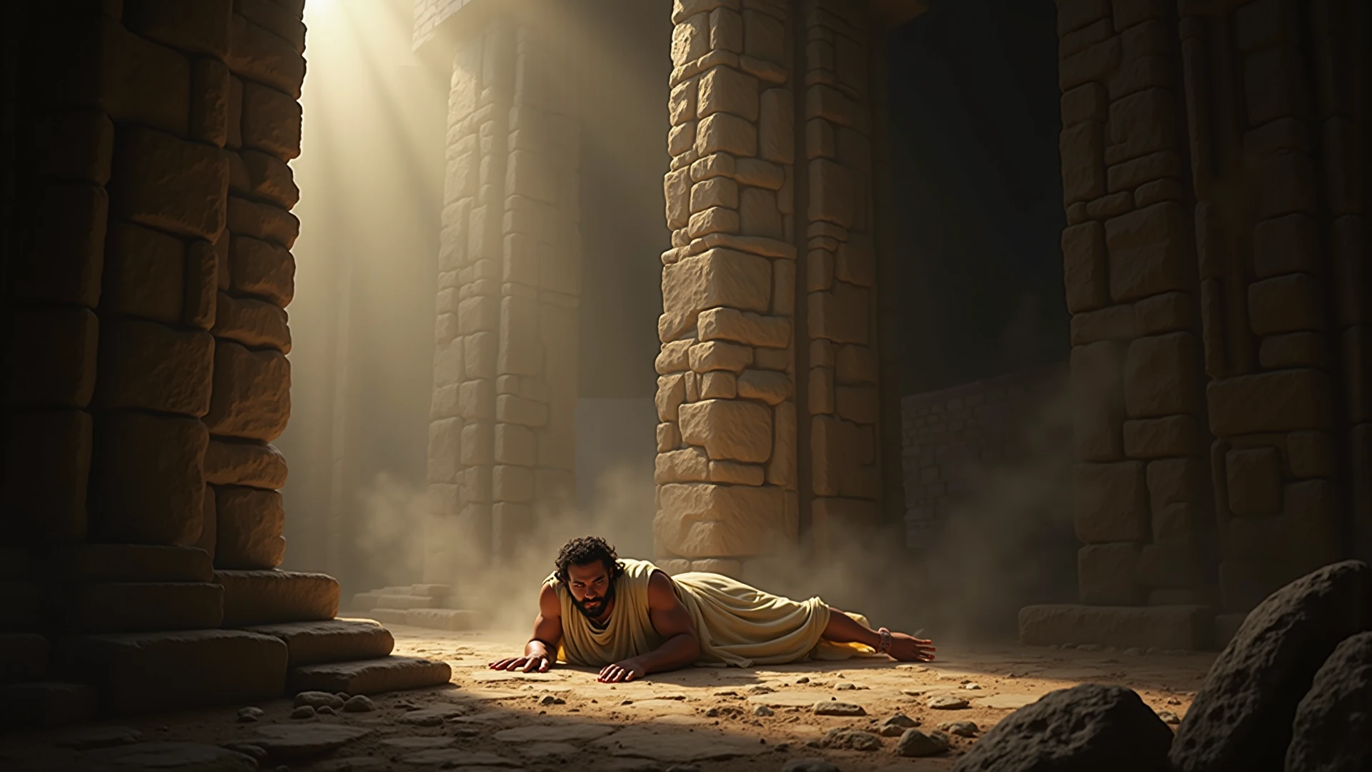 Greek philosopher in proportion 16:9 being looked down upon while breaking a stone he is stuck on using a hammer to break