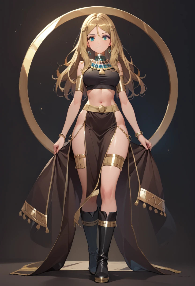 8k, masterpiece, very realistic, Full body sexy pregnant cat woman, standing, faraon cat girl, Cleopatra, Egyptian style, tail, cat ears, very slim waist, very tall, ancient Egyptian clothing design, blonde hair, dynamic pose, pregnant, cleavage
