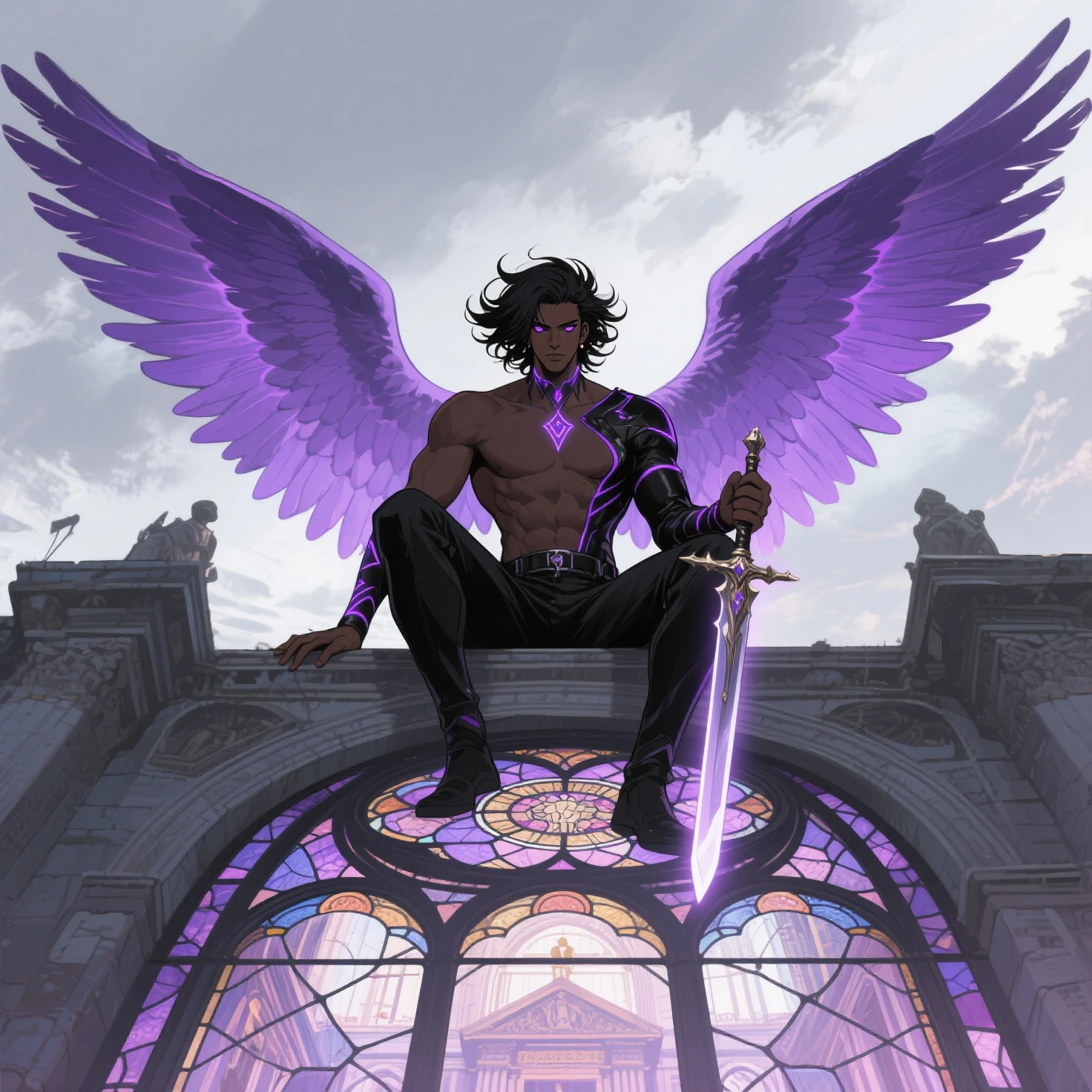 Daegan(1), male_character, detailed_face, no more characters, angel wings (symmetrical style), blue eyes (iris color), small beard, black hair, blue pants, Shirtless, tattooed, arm pointing sky (body), visual harmony, epic scenery, extremely detailed CG unity 4k wallpaper, best quality, amazing quality, very aesthetic, (ominous shadows:1.1), (flowing robes:1.1), (detailed folds and creases:1.1), (intense purple aura:1.2), (symbols of power surrounding him:1.1), (magical energy radiating:1.2), (spellcasting gestures:1.1), (ethereal particles:1.1), (dynamic pose:1.2), (epic soundtrack:1.2), (sense of awe:1.1), (magical prowess:1.1), over power, power up, sphere, extreme, focused.