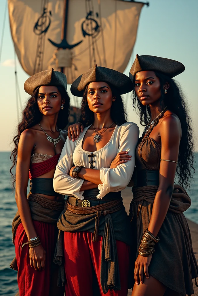best quality, 8k, very delicate and beautiful, highly detailed face and skin texture, shiny skin, high resolution, beautiful female pirate crew walking on a beach, full body, sharp focus