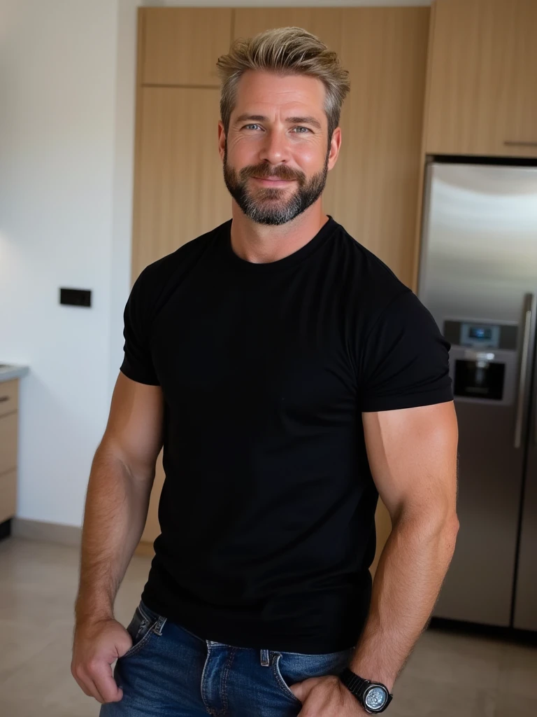 (photorealistic, masterpiece, 8K HD, good lighting quality, full body, intricate details), 50-year-old man, daddy, smiling, shirtless, wearing underwear, crotch bulge, muscular, gray hair, outdoors