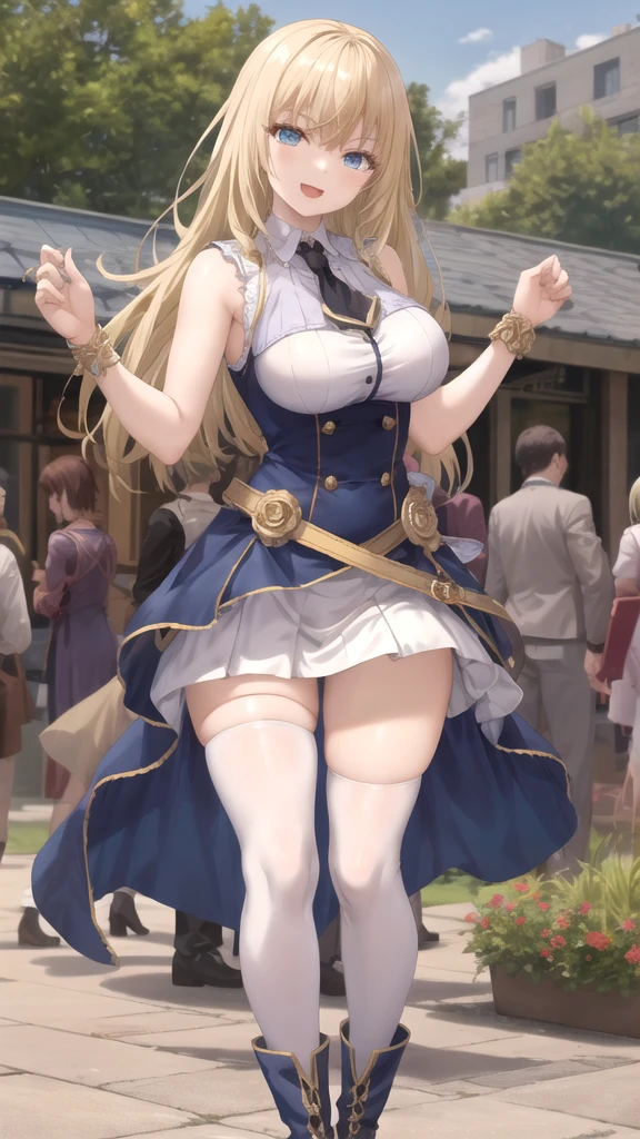 anime, ultra detailed, hyper detailed, best quality, highres, 4K, master piece, 1 female, 28-year-old, Navia, sexy lingerie, gigantic, huge breast, France city, crowded, (accompanied by female bodyguards),