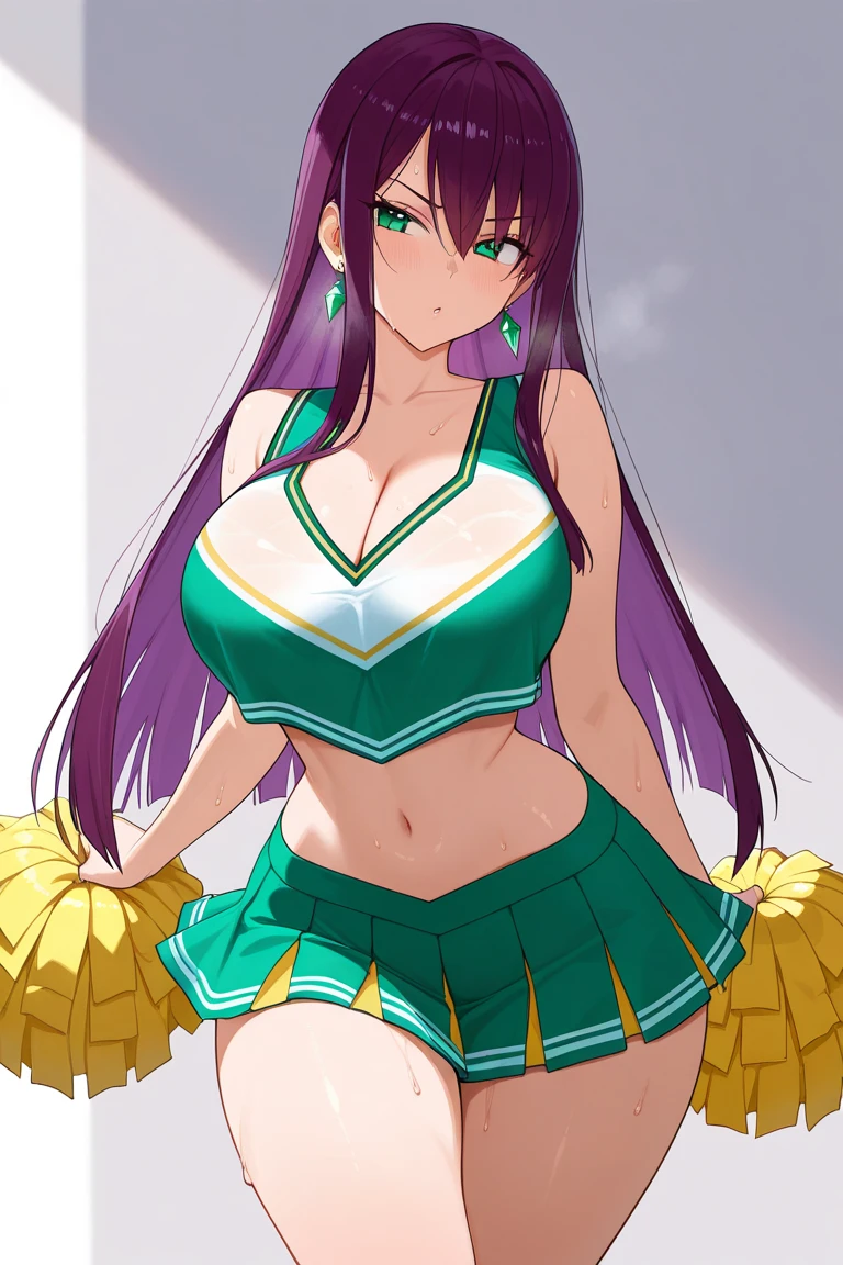 , aalala, long hair, ahoge, hair ornament, green eyes,pink, , (((huge breasts))),,,looking viewer,,,nature,smile,(blush),cheer leader costume,cleavage cutout,open mouth,miniskirt,cowboy shot