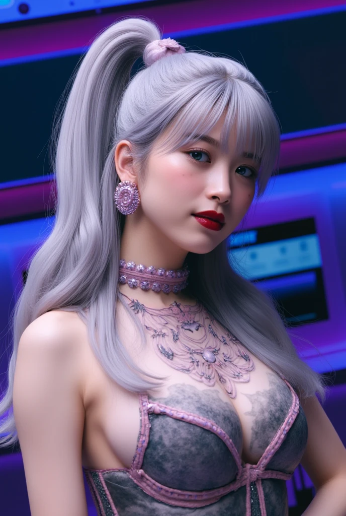 (highest quality、8k、16k、masterpiece、realistic、Super detailed、Beautiful in every detail、ray tracing)、photograph、
break beautiful asian girl、Looks like a Korean idol、25 year old female model、silver hair、Pink mesh hair color、(detailed face、Golden ratio of beauty)、gentle smile、detailed lips、detailed eyes、short bob hair、silver hair、pink mesh hair codol style super cute face、slim and beautiful body、beautiful breasts、Glossy skin、
break
(Maxi dress), (Gemstones decoration:1.6, Colorful Gemstones:1.6), (Dress embellished, Sequins),
break 、at a stylish bar、