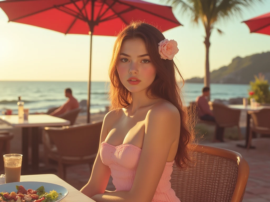 moring woman sitting at table with plate of food Luxury bungalow balcony on the beach Thai model is very beautiful, short hair, armpits, pure skin, slim figure, lollipop, nude dress, female beauty, posing with nylon. Special details, wide angle, high contrast.