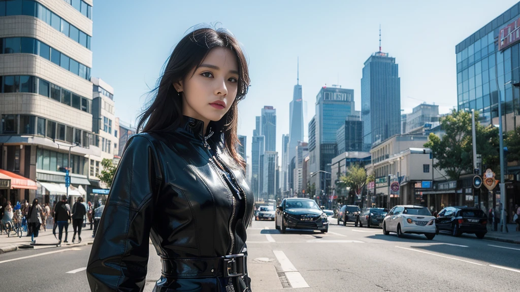 ((masterpiece, best quality, Highest image quality, high resolution, Reality, RAW photos, 8K)), Future city ruins，Girl standing on the roof，Tight leather jacket，Off-shoulder，Large Breasts，Long hair，Pretty face，Closed mouth，dramatic，Mid-range portrait，（midnight）