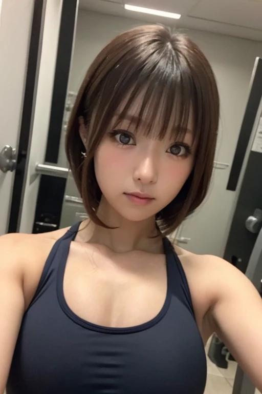 Cute Japan , Dark eyeliner、Sunburned skin 、Blonde、short hair、Plain black fitness wear、locker room、Smartphone selfie