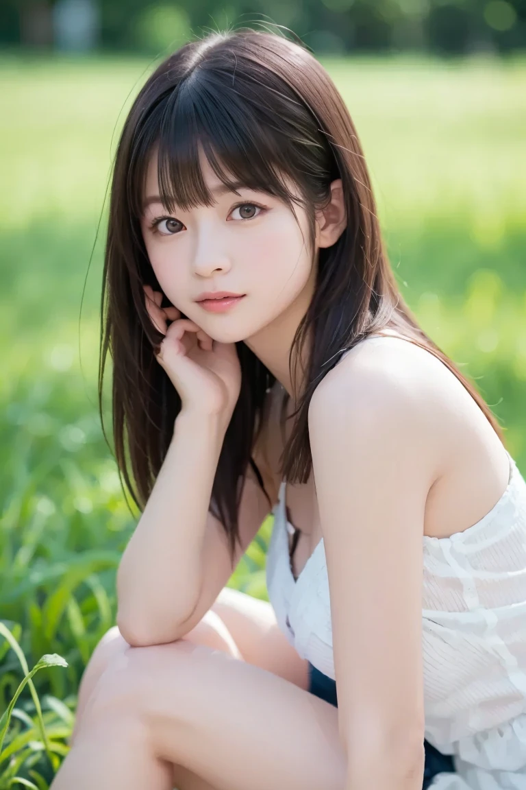 (Best-quality, Masterpiece, Ultra-High-Resolution, (Photorealistic:1.4), Raw Photo, depth of field, professional lighting, perfect ???????, extremely details), from above, 1girl, the most famous Japanese actress, Sunny day, at noon, In summer park, (Lying on grass), ((wearing luxurious casual-dress)), (extremely beautiful face like the most popular Japanese actress, (extremely beautiful and extremely big eyes), extremely beautiful realistic-skins), extremely beautiful hair, extremely beautiful long-eyelashes, extremely beautiful lips, looking at viewer, innocent smile