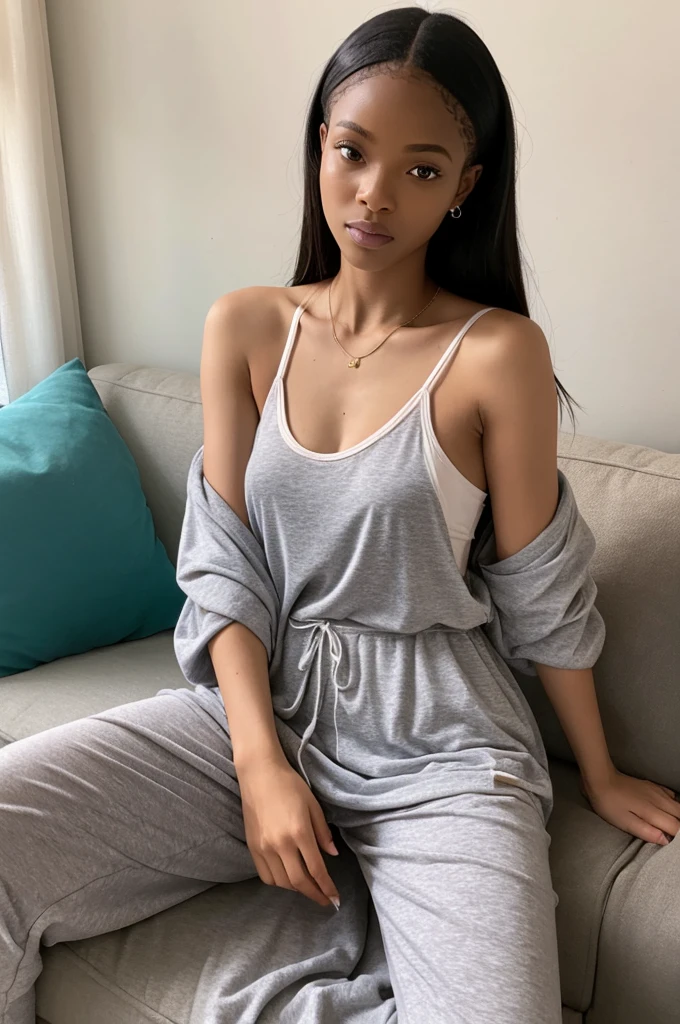 african girl, black ethnicity, , long hair , thick girl, siting down on couch , a jumsuit ,