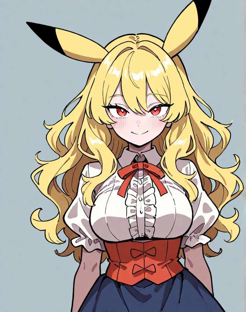 1girl, breasts, fake_horns, solo, thighhighs, blonde_hair, horns, long_hair, cleavage, shorts, large_breasts, striped, blue_eyes, thick_thighs, heart, striped_thighhighs, navel, horned_headwear, smile, thighs, short_shorts, midriff, skindentation, hairband, crop_top, facial_mark, grin, curvy