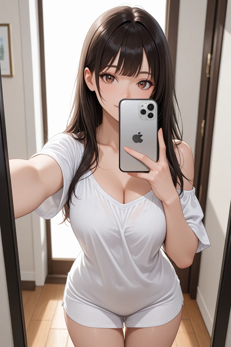 (hews art style:0.8), score_9, score_8_up, score_7_up, score_6_up, uncensored, yukinoshita yukino, black hair, long hair, grey eyes, BREAK (masterpiece:1.2), best quality, high resolution, (detailed eyes:1.3), perfect lighting, (perfect hands, perfect anatomy), small breasts, 1girl, phone, weapon, solo, sword, cellphone, breasts, holding_phone, holding, katana, smartphone, sheath, japanese_clothes, cleavage, selfie, holding_weapon, holding_sword, grey_background