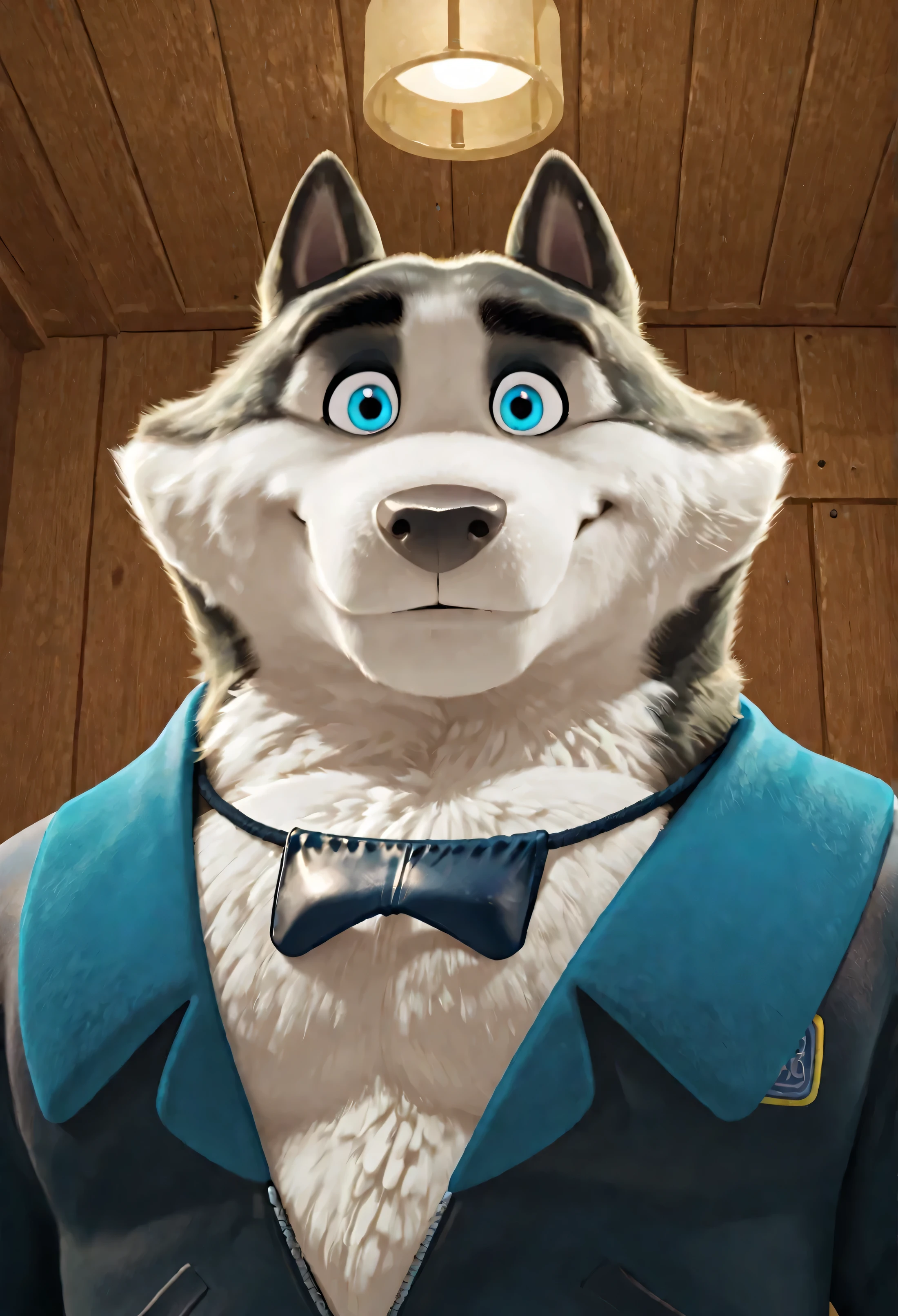 Duke (Arctic Dogs), anthro dog, black fur, white fur, male, blue eyes, shirtless, high quality, half body, standing, looking at viewer, solo, speedos, simple background