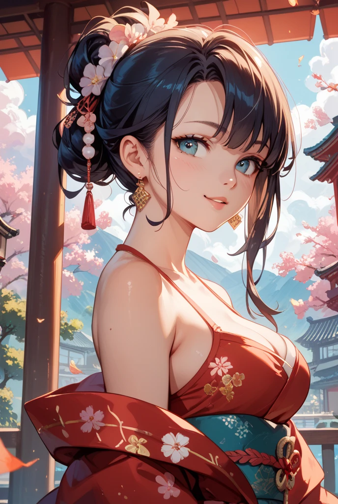 shukezouma, octane render, hdr, (hyperdetailed:1.15), (soft light, sharp:1.2), 1girl, beautiful girl, ultra detailed eyes, mature, plump, thick, rainbow painting drops,splat, splash, long colored hair, ultra detailed texture kimono, (hair ornaments, earrings, flowers hair ornaments, butterflies hair ornaments), outdoors, sakura trees