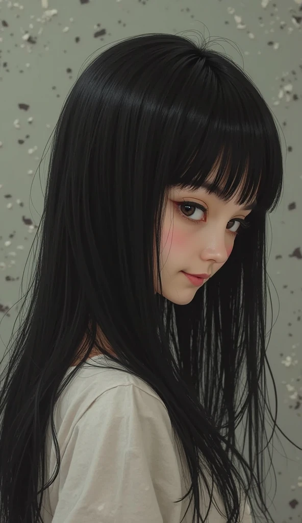 GIRLS CHILDREN, WITH VERY LONG STRAIGHT DARK HAIR, BLACK FUR COAT., PETROLEUM BLUE BACKGROUND. PRAYING.