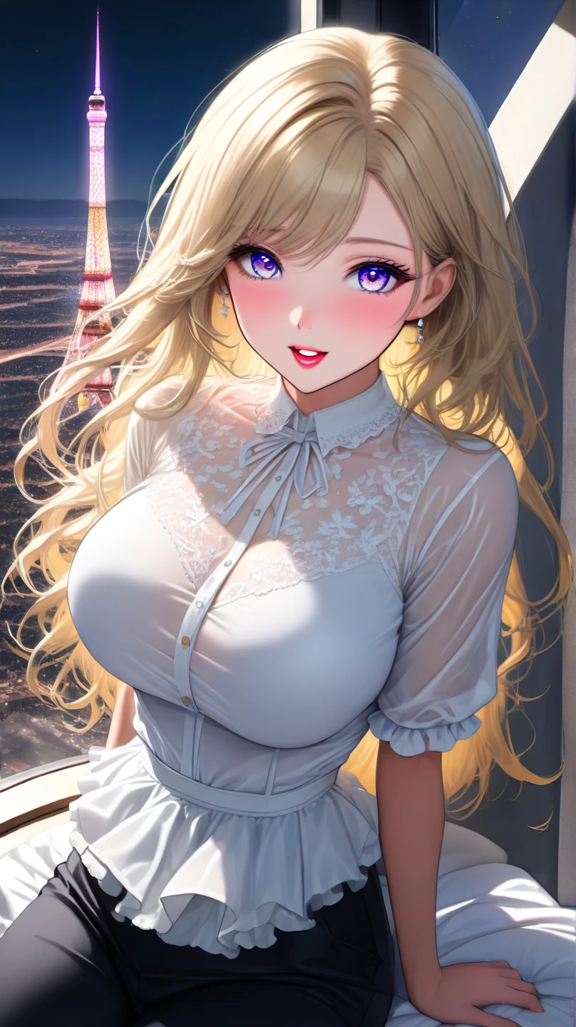 masterpiece:1.4,best-quality,Super Detail,Very Delicate and Beautiful, (( low angle shot, The world's most pretty girlfriend, fancy dress )), blonde long hair, very gigantic breasts, cleavage, very slender, perfect face