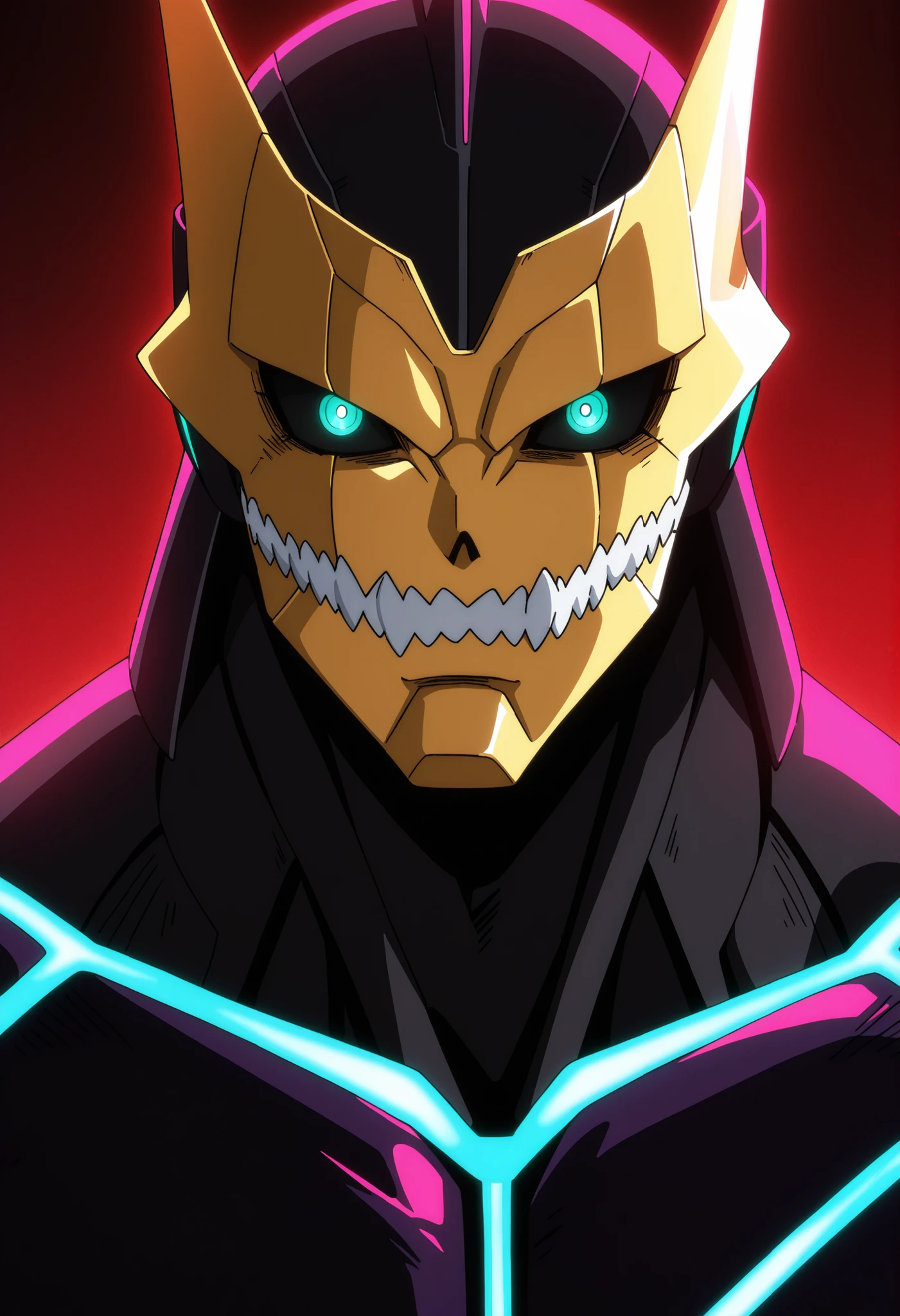 score_9, score_8_up, score_7_up, source_anime, simple background, kafkakaiju, solo, male, glowing, glowing eyes, armor, aqua eyes, looking at viewer, neon trim, black sclera, soft smile, warm smile, black body, anime screencap, anime coloring, official art, no hands, teasing pose