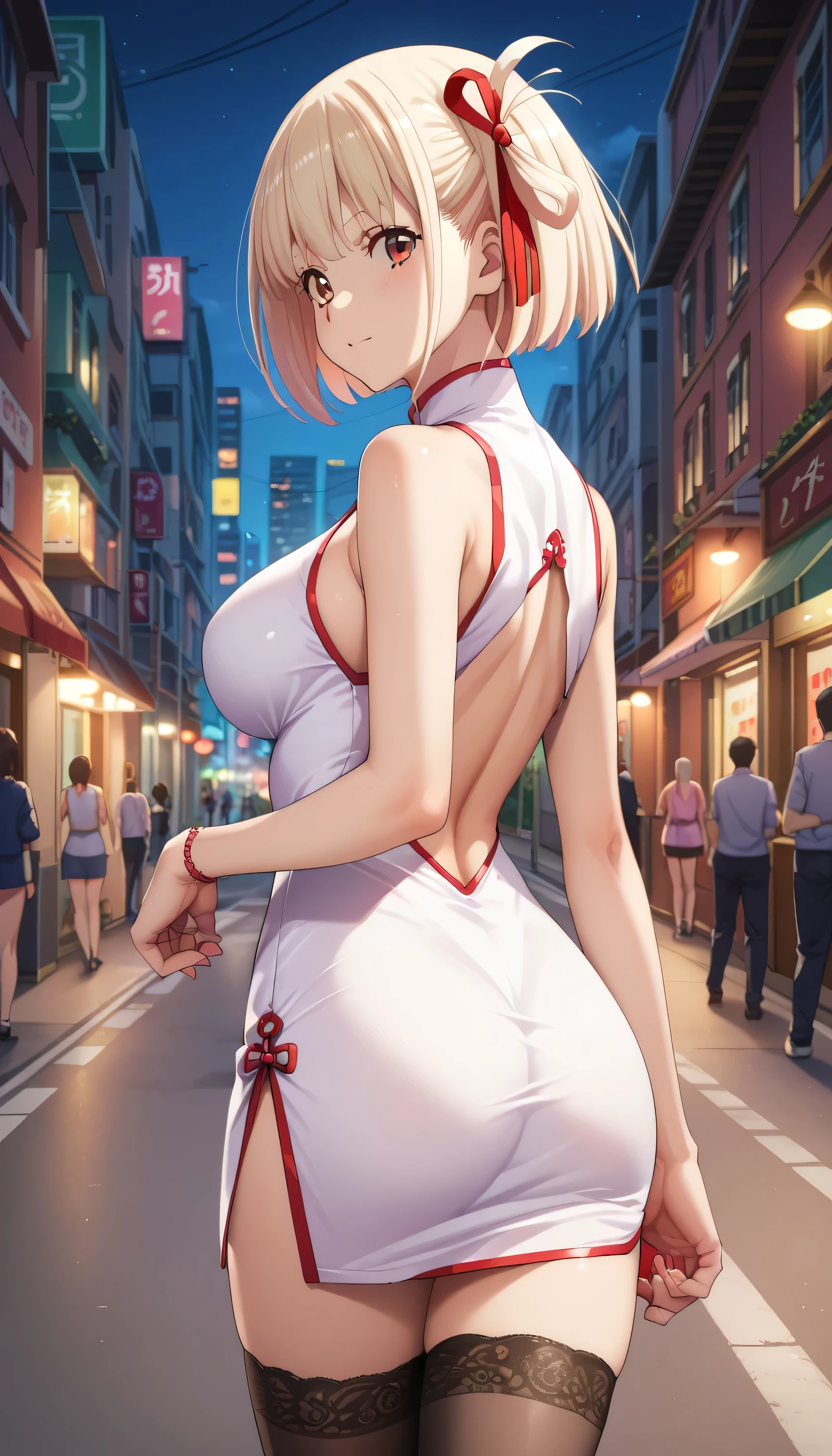 Masterpiece, top quality, best quality, official art, beautiful and aesthetic, anime, 1girl, chisato nishikigi, extremely detailed, colorful, more detailed ((ultra-detailed)), (highly detailed CG illustration),horny,detailed face,, short hair, bangs, blonde hair, red eyes, hair ribbon, one side up, bob cut, tight chinese dress, in middle,skinny fit, large breasts,cleavege,street,night,cyberpunk,fullbody shot,stockings,from behind