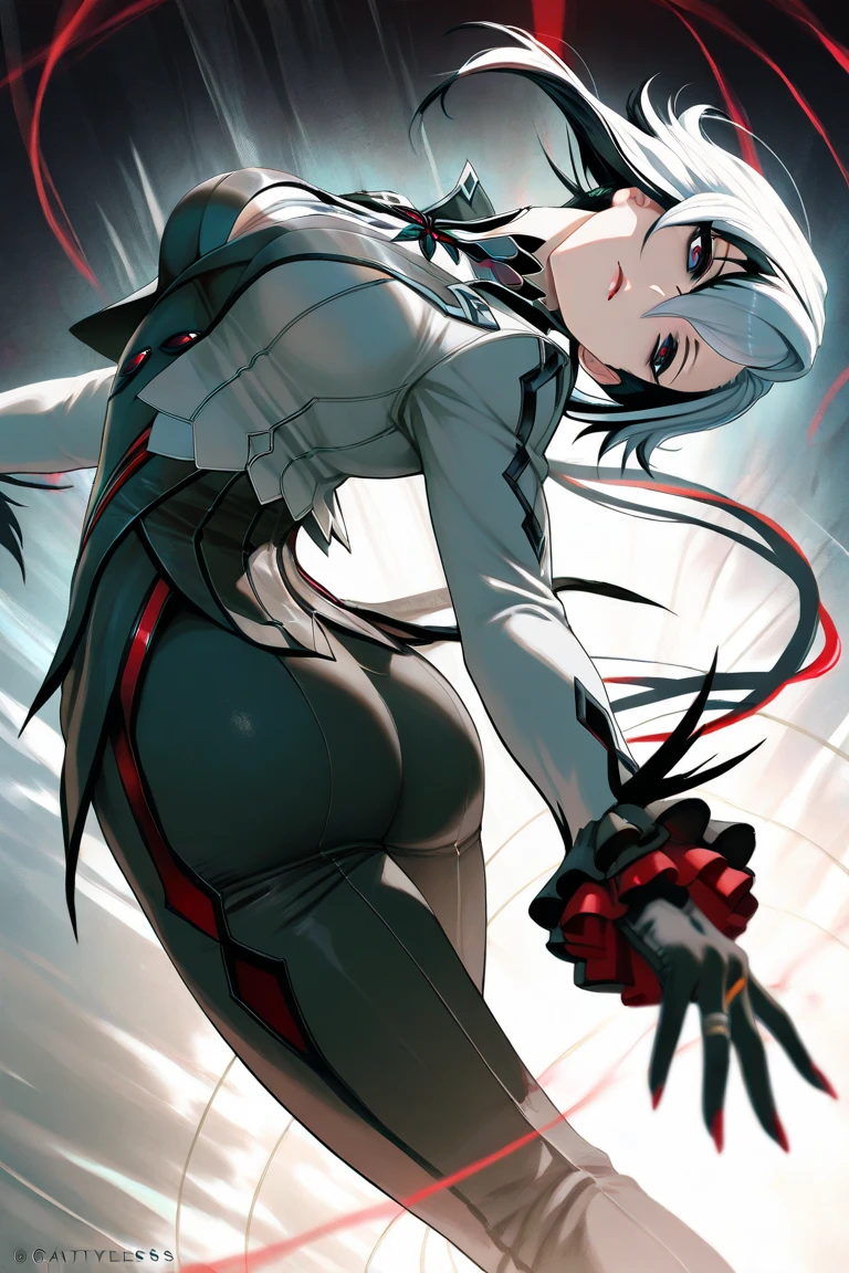 black tights、Desireful love、Black hair base、Hair Inner Color Red、skirt、Low - Angle、White Pants、sole