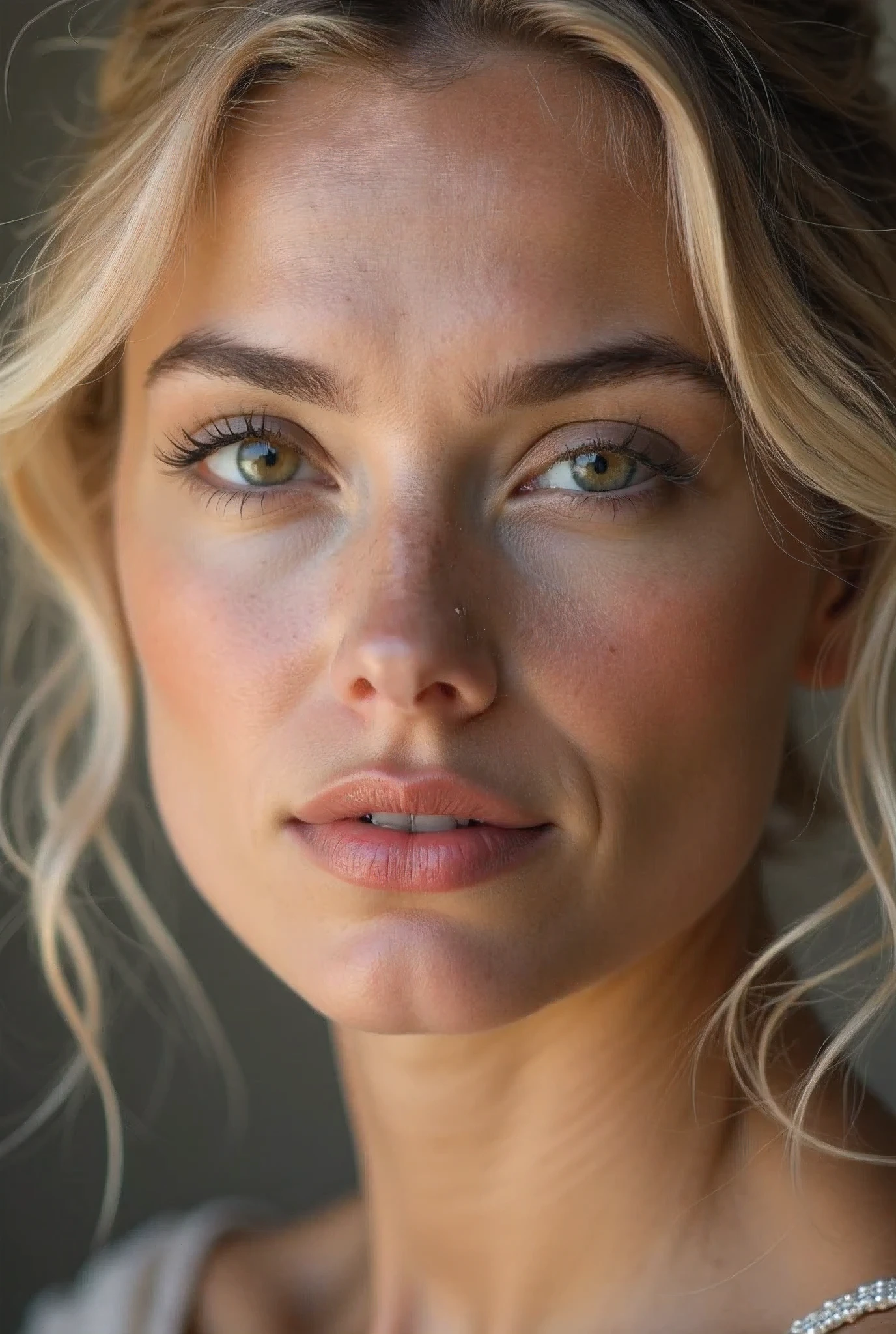 Gros plan de face du visage d'une fille blonde de 40 ans. Photo identité. Grain de beauté au-dessus de la lèvre supérieur. Visage arrondie. On voit ses pores, elle n'est pas maquillée, son visage a des imperfections, quelques petites rides. Elle a des tâches, elle a des yeux bleus. Son regard est séducteur.