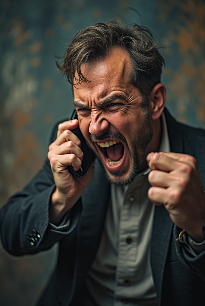 Angry man taking in phone giving lecture,small mustache and beard wearing white shirt not in shirt,wearing black pant