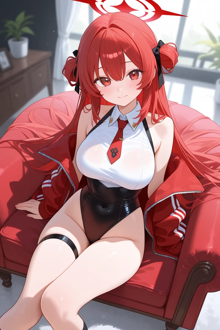 Uta , 1girl , anime , masterpiece  , red and white  hair, jaqueta aberta open clothes ,medium  breasts  ,bra,  pantie  , socks ,  shy face ,blush , belly button piercing