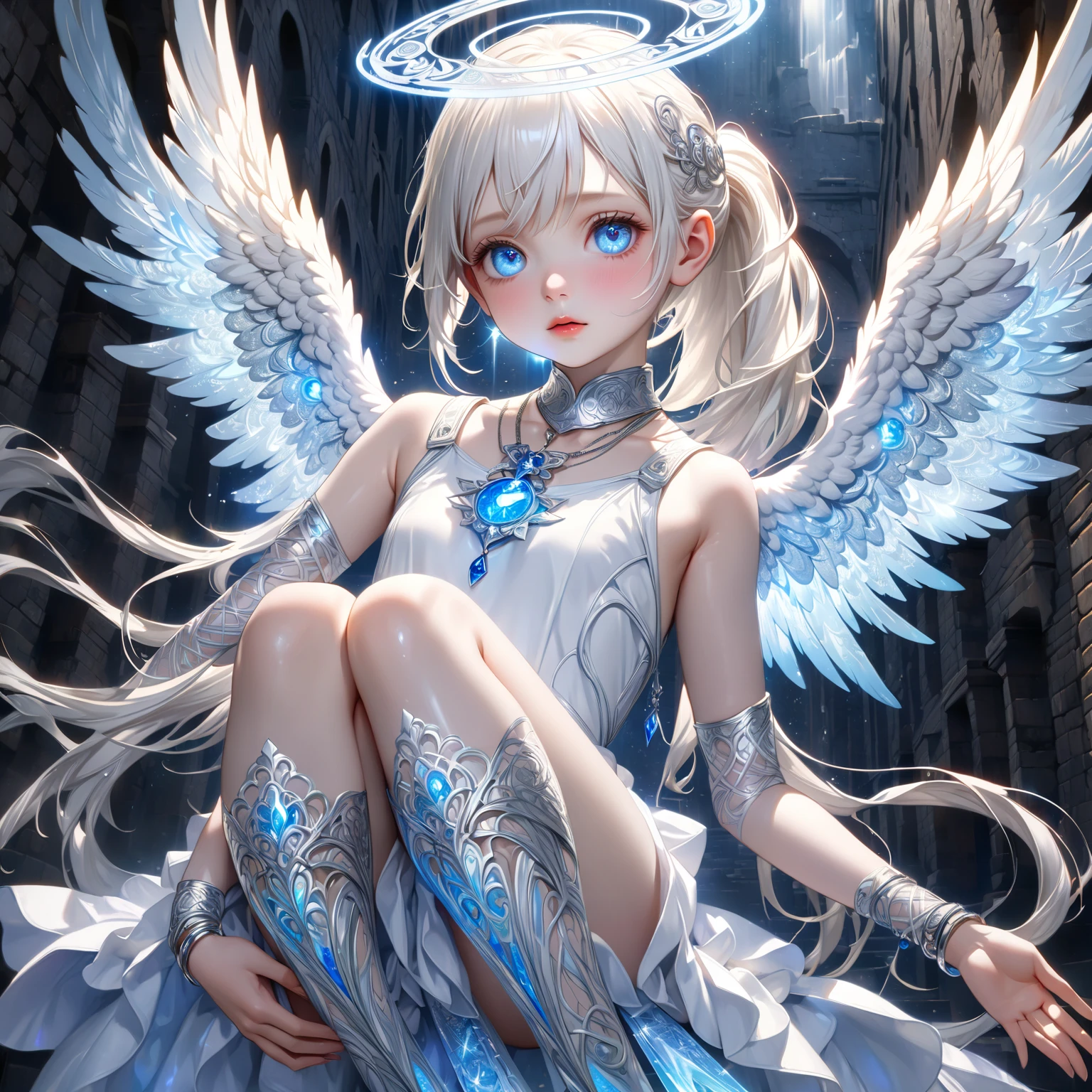 (Best Quality, Masterpiece: 1.1), (Realistic: 1.4), Beautiful naked schoolgirl is riding on the white hawk, god ray, teen, silver short hair, blue eyes, full body, from below, hourglass body shape, flying over the park, crystallineAI ,fractal art, splash