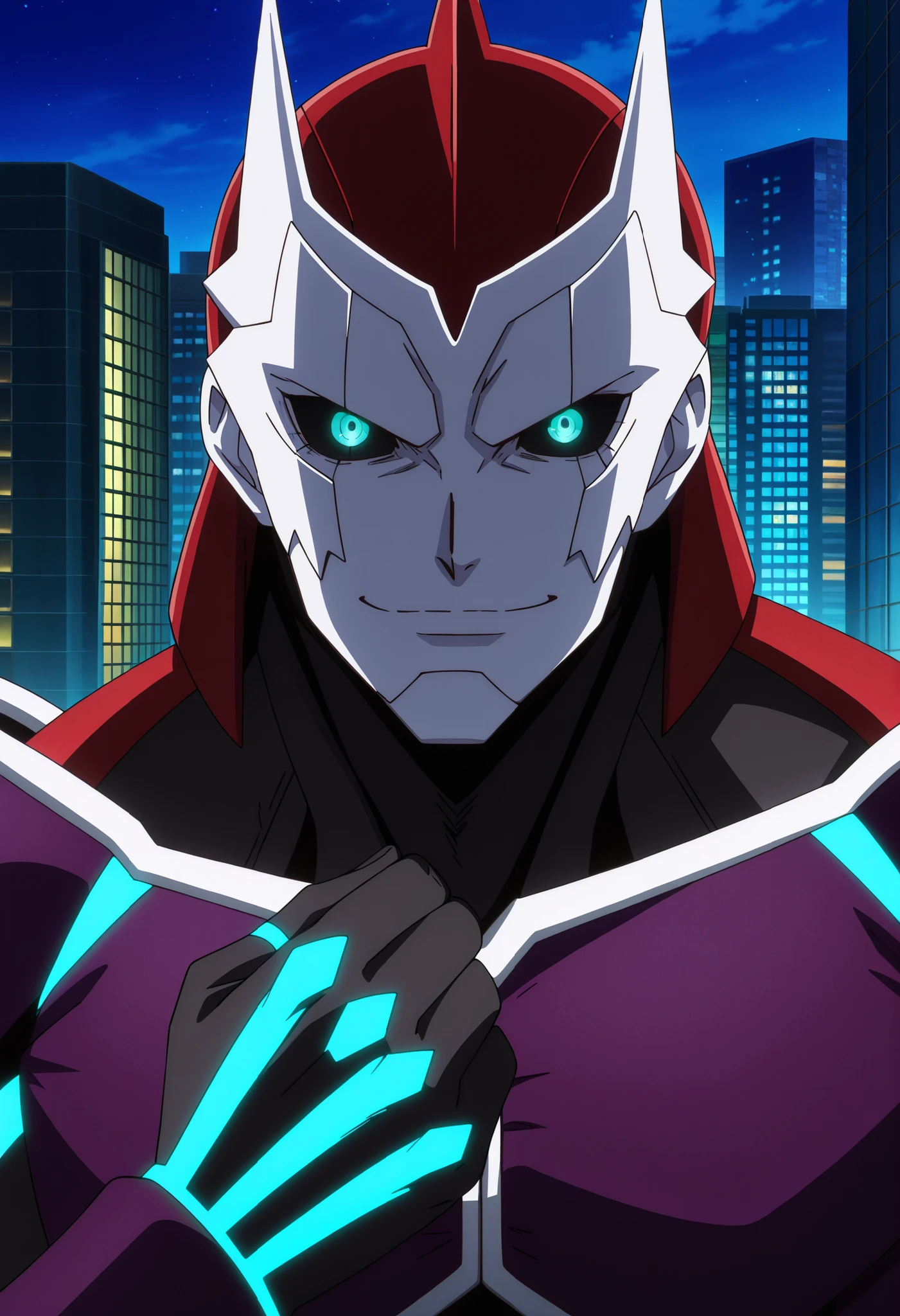 score_9, score_8_up, score_7_up, source_anime, kafkakaiju, male, glowing, glowing eyes, armor, aqua eyes, looking at viewer, neon trim, black sclera, soft smile, warm smile, black body, anime screencap, anime coloring, official art, (macro in miniscule city), teasing pose