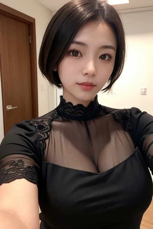 Japanese woman wearing a black turtleneck sleeveless sweater、 (((masterpiece))), ((highest quality)), ((intricate details)), (((超Realistic)), absurd solution, near and far law, very detailed, realistic, 1 girl, ((big breasts)), perfect hands, finger details, beautiful and detailed eyes, short hair, brown eyes,(turtleneck:1.2), Tight Skirt, detailed background, choker, perfect eyes, enchanting eyes, look at the audience, from the front、laughter、mole around the mouth、