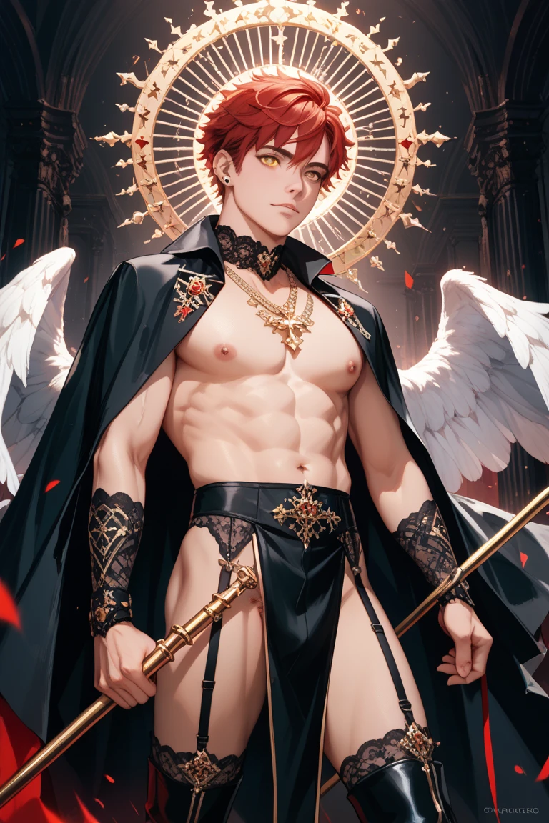 NSFW, ((masterpiece)), ((Best Quality)), ((extremely delicate and beautiful)), ((Completely and perfect body)), (Perfect and delicate 2 hands with 5 fingers),
((In the church of evil at night)), (((One beautiful adult man with blonde hair and red eyes is evil demon))), ((He is standing proudly and showing off his big erect penis hard)), (evil magic circle that shines ominously purple), He is wearing a white cloak, He wears a black chain choker that glitters ominously, (empty eyes, drooling, evil smile), slender, well-muscled, flat chest, He has a glowing heart-shaped magic circle tattoo on the center of his chest, (Blush with aroused), Lower half naked, His body has no pubic hair at all, Focus on character,