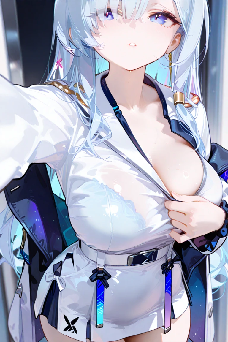 1 woman, black hair, blue pupils, delicate face, cute, love earrings, white dress, standing at the door of the police station, playful, ultra hd, masterpiece, best quality, super detail, ccurate