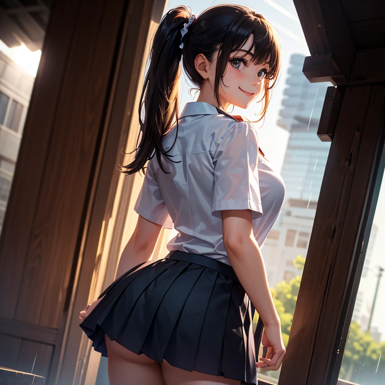(masterpiece, highest quality, High resolution, 超High resolution, Perfect Pixel, Depth of written boundary, 4K, RTTX 10.0, High resolution))), (One woman:1.3), Beautiful Anime Women, Beautiful art style, Anime characters, ((Detailed face:1.2)), ((Smooth texture:0.75, Realistic texture:0.5, Anime CG Style)), (Maximum resolution: 1.2), Cinema Lighting, ((highest quality)), ((masterpiece)), (High resolution), 8K, Best Shadow, The best natural light, Cinematic, (Adult woman climbing the stairs:1.2), (brown hair,)、Looking back, bashful、ponytail, Red ribbon, (Navy Blue Blazer, Brown cardigan, White shirt, Checkered Skirt))、(Navy blue socks)、((Rear view))、Angle from the bottom of the back、Manga panel layout、Cartoon style、Manga Design、Station stairs、City stairs, (Skirt flipped up by strong wind:1.3), (A perfect skirt of uniform length:1.4), Pink side-tie satin panties, Slender body,Beautiful thighs, (Embarrassed look), On the way up the stairs, Put your right foot forward