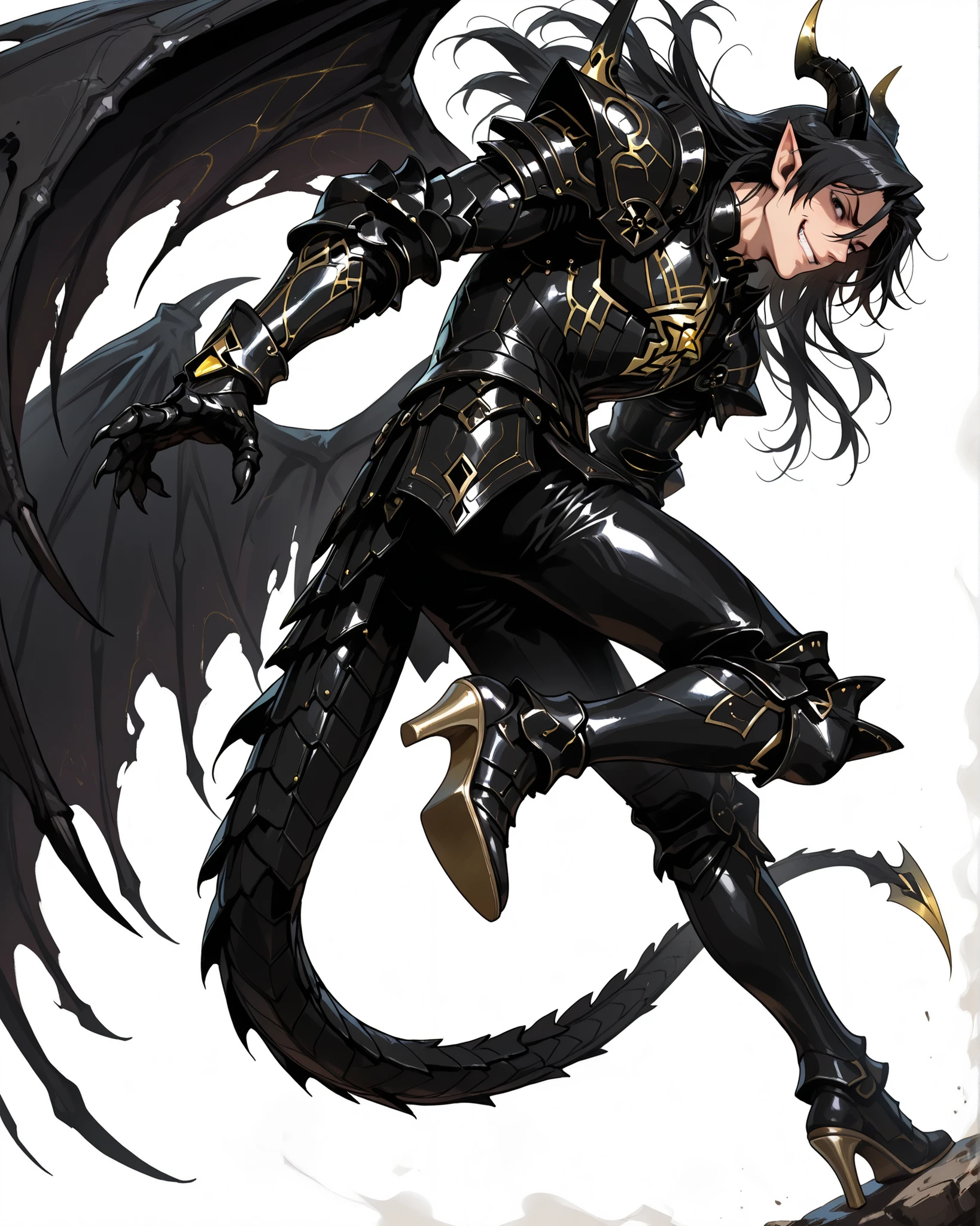 score_9, score_8_up, absurdres, 128K Ultra High Resolution, (masterpiece, best quality: 1. 5), high definition, highres, 8K wallpaper, CG, (((Anime))), (1 male), solo, lean body, (masculine), (floating in the air), weredragon, japanese anime style, glossy black, shiny black leather, ((beautiful golden eyes, finely detailed eyes, bright eyes, vertical iris)), hair between eyes, black hair, long hair, sideburns, wild hair, unkempt hair, (sly grin, smirk, evil smile), teeth, confident, ((ultra detailed face)), shiny skin, long pointy ears, twisted torso, long-legged, sculpted face, wasp waist, dragon horn, dragon tail, dragon wings, dragon sharp claws, (black armor with a lot of grandiose decorations), half dragon half human, dramatic angle, dynamic posture, ((ultra detailed black armor)), black armor with gold accent, all black outfit, full body, emphasize face, focused expression, sharp focus, good-looking man, well-polished black armor, charismatic pose, (best illustration), cinematic, dramatic lighting, (intricate detail, super detail, extreme detailed, super detailed: 1. 5), (highly detailed artwork), dramatic shadows, tenebrism, chiaroscuro, wonderful pose, chiseled features, stark contrast, heavy shadows, detailed black decorations, beautiful and aesthetic, photoreal, from side, (mysteriously crafted black metal armor: 1. 5), sparkling accessories, thick and luxuriant hair, ((ultra detailed fantasy black armor)), dressed in black, broad shoulder, true-to-life visuals, artistically refined, dramatic contrasts, ((extremely delicate and beautiful armor, elaborate armor details)), (dark armor, stylized armor), exquisite goldwork, wonderful black armor, armor with intricate engravings, ((armor-type high heels)), ((detailed shoulder armor with intricate engravings, gold accent black armor)), very gorgeous and dazzling, dark fantasy black knight, slim waistlines, wide chested, sinewy body, simple white background, (((Hyper Detailed & Perfectly Designed Black Armor)))