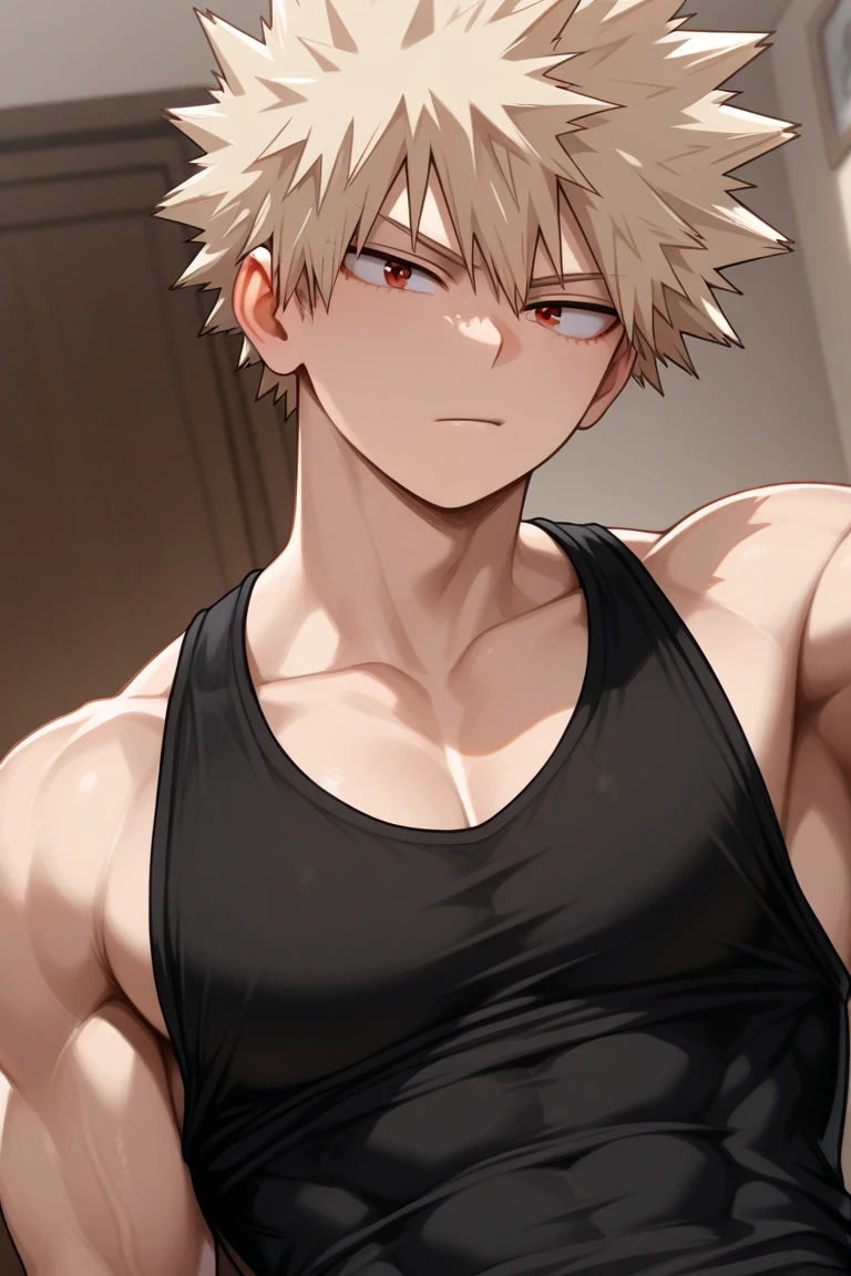 blond hair black shirt anime boy sitting on the bed, Anime handsome man, muscular!!, Cool anime poses, Tall anime man with blue eyes, muscular!, Handsome guy, gigachad muscular, (SFW) Work, a muscular, mischievous giggle, Medium shot of handsome guy, muscular! White