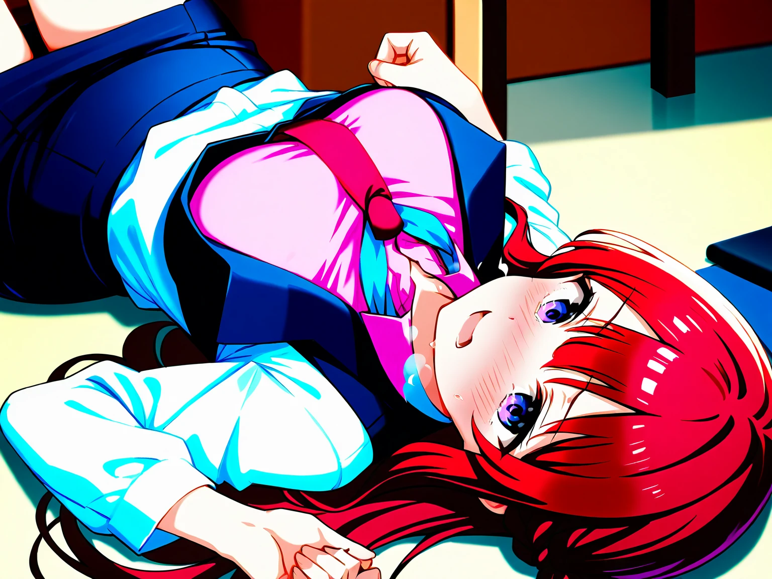 Twintail, red haired, 1girl, (grey eyes1.2), well toned, well built, muscled, toned muscles, (masterpiece), best quality, highres, solo, ribbon, blue ribbon, hair ribbon, suit, skirt, long sleeves, smiling, indoors, classroom background, standing, looking at the viewer, , (showing sweating naked pussy:1.5)、 sitting, spread legs unbuttoned uniform, lingerie, visible bra, lifted skirt, sweating, blushing, aroused, luquid dripping from her vagina, exhaling steamy air, (touching her pussy:1.2), fingering shlick masturbation