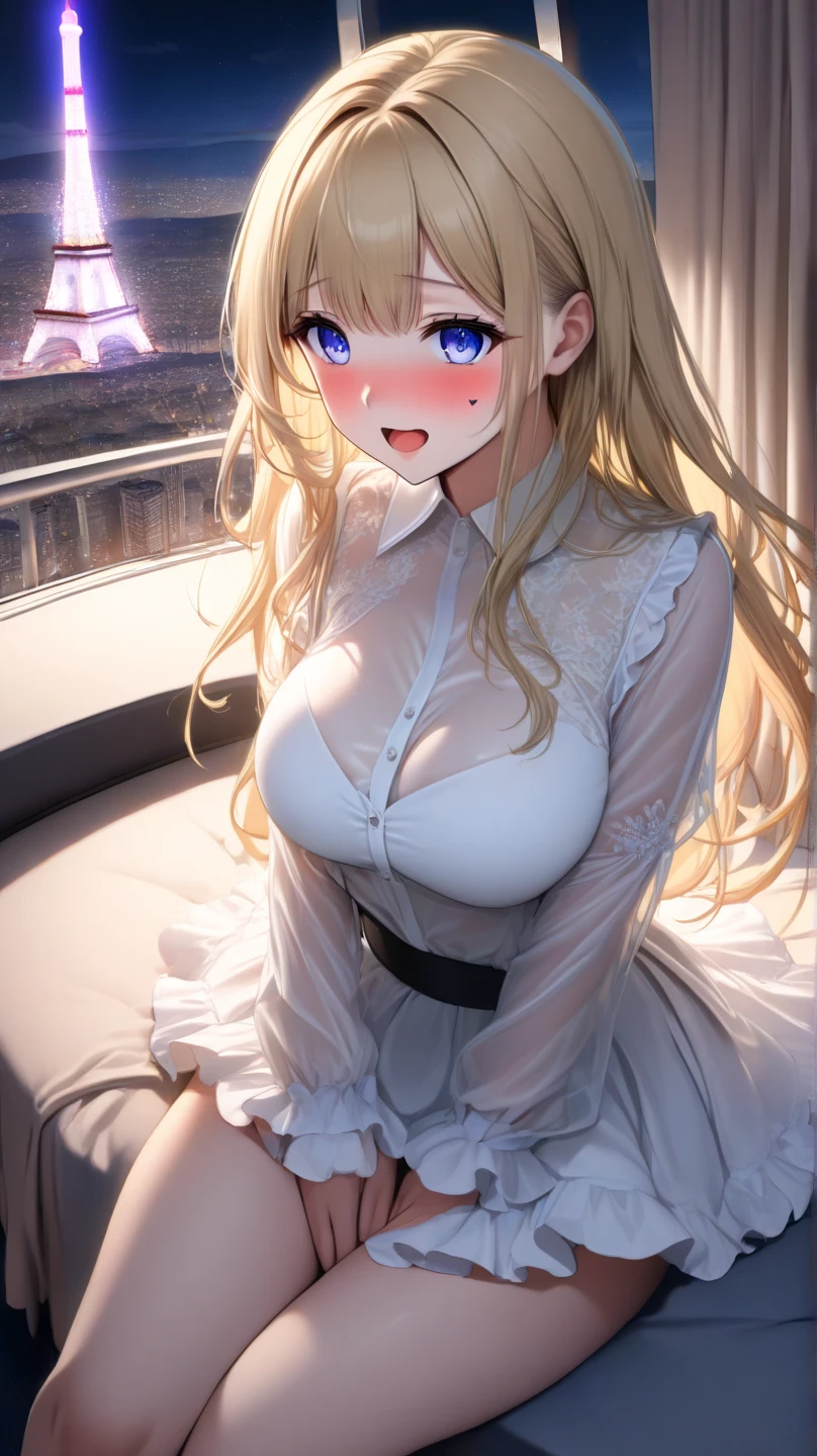 最high quality、best image quality、masterpiece、teenage girl((20-year-old、 By becoming、vest bust、medium bust,wide open breast tea、black eye, blonde hair、long hair、thin,highest valley、white dress、white short skirt,chest、Undressing Pose)),high quality、beautiful art、background((sedan、inside the car,encrusted diamonds))debris flies、Depth of written boundary、movie、visual art、perfect art、8K,genuine