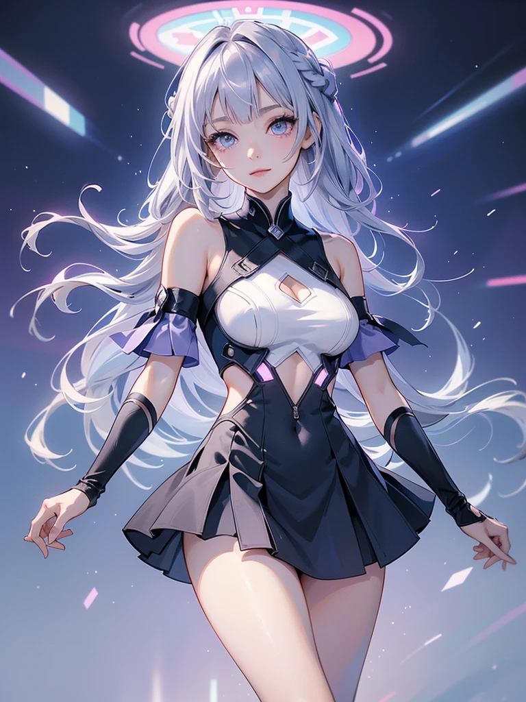 1girl, anime, cute girl, blank background, white background, fantasy, detailed fantasy dress with highlights, beautiful face, beautiful eyes, dark colors, black hair with multicolor streaks, red eye with different color pupil in eye, multicolor eye, medium , slight cleavagiful skin, cute, breast curtainsemely delicate and beautiful, (beautiful detailed face:1.0), (detailed deep eyes), symmetrical breasts, deep eyes, sin, portrait, slender waist, hips wider than shoulders, thighs, expressionless, young girl, luminous eyes, adorable，（Kpop idol）,（aegyo sal：1），（Platinum blonde hair：1），（（puffy eye）），Black panty，sexyture，Superskirt, Uhigh rlution，Black collar，slim figure, Abdominal y tattoo, womb tattoo，Tight-fitting leg ring，y tattoo on half-body，Bare skin, Armored hand，Hidden fingertips，Hand covered，Arm covered，Fist covered,{{beautiful detailed fingers}}, tufts of hair, moderate beautiful breast:1.0,(masterpiece:1.2), best qualigh-res, HDR, perfect face, intricate armor, delicate blue filigree, intricate filigree, red metalic parts, detailed part, dynamic pose, dynamic lights, cute face, neutral expression, shuimobysim, lotus, hanfu, maxi skirt, dress conservatively 1girl, solo, long blue hair, standing, One lady,14years,((White hair) ,(Shiny purple bodysuit h microskirt),((Fantasy, Moon Night)), gradient_eyes,