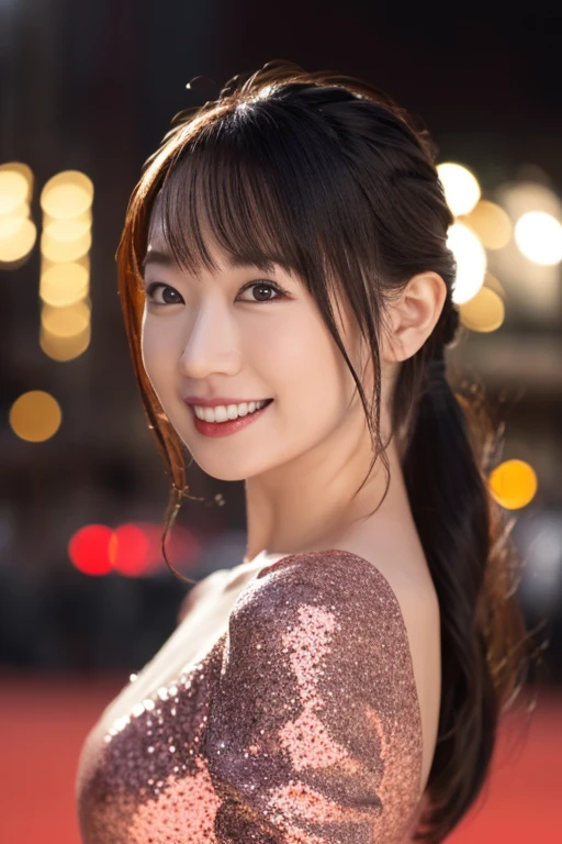One Girl, (wearing an orange glitter dress:1.2), (RAW Photos, highest quality), (Realistic, Photorealistic:1.4), Tabletop, Very delicate and beautiful, Very detailed, 2k wallpaper, wonderful, In detail, Very detailed CG Unity 8k wallpaper, Very detailedな, High resolution, Soft Light, Beautiful detailed girl, Very detailedな目と顔, Beautifully detailed nose, Beautiful fine details, Cinema Lighting, City lights at night, Amazing illumination, Perfect Anatomy, Slender body, small, smile