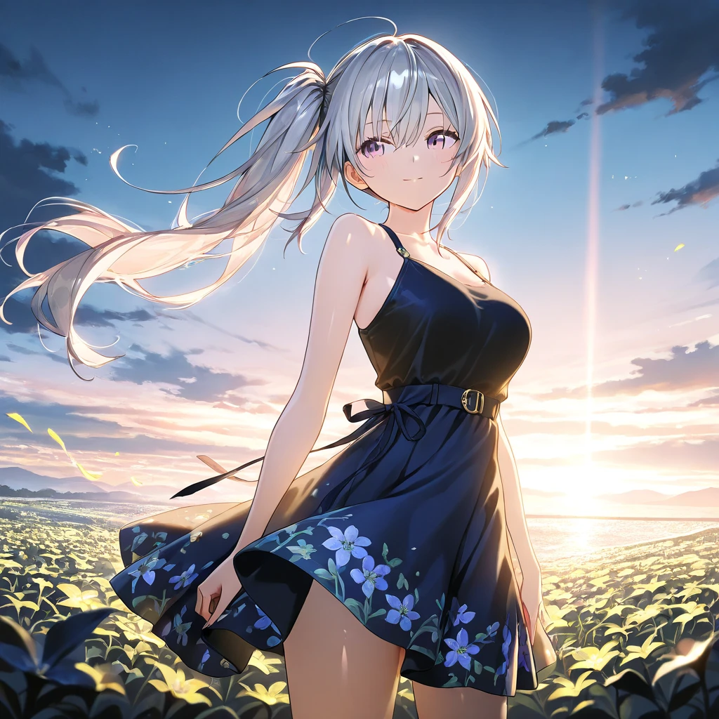 <lora:acolorfullora:0.6> 1girl, :p, armpits, bangs, bare_shoulders, blush , breasts, cleavage, daisy, dress , looking_at_viewer, smile, solo, tongue, tongue_out, upper_body, white_dress, white_flower, white_hair, autumn, autumn_leaves, bare_tree, bird, bridge, building, chain-link_fence, city, cityscape, cloud, east_asian_architecture, evening, fire, forest, gradient_sky, leaf, maple_leaf, mountain, nature, no_humans, orange_sky, outdoors, pagoda, red_sky, river, scenery, sky, skyscraper, sun, sunlight, sunset, tower, tree, twilight, water <lora:epiNoiseoffset_v2:0.4>