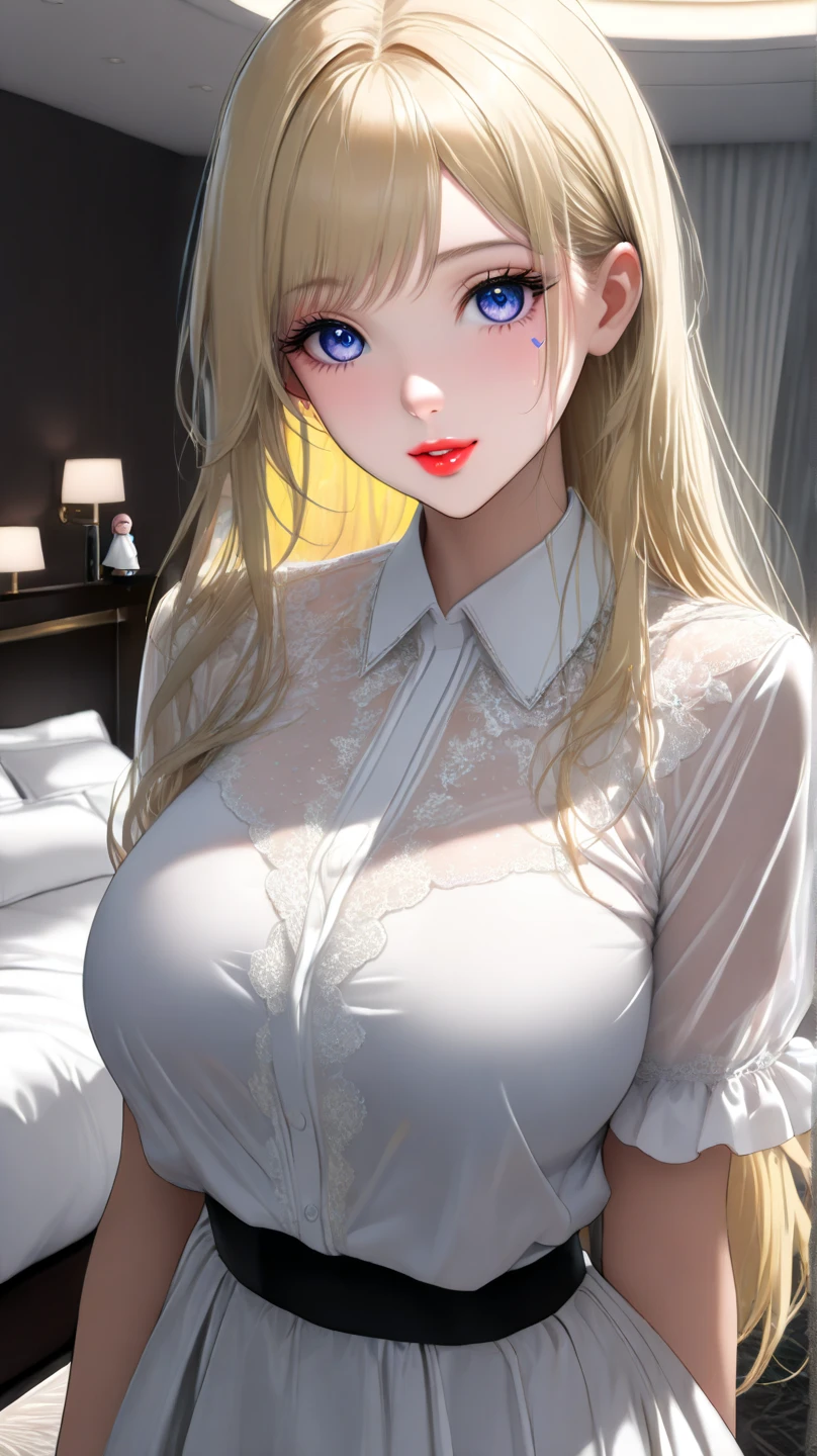 masterpiece, best quality, finely detailed, 1girl, (blonde), (bishoujo), cute, (red eyes), (eyelashes), (very huge breasts), (neckline), (white shirt: 1.2), (open shirt),(wet shirt), (tight shirt), fallen on the floor, lamp, window, night, delicate interior design,