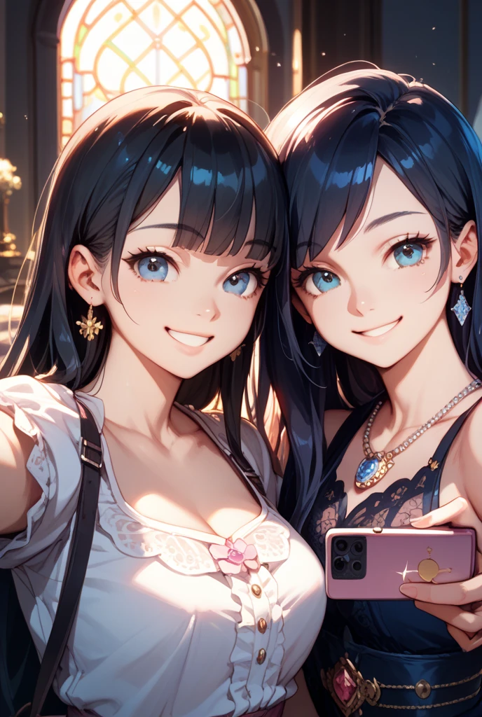 a couple of anime characters, beautiful detailed eyes, beautiful detailed lips, extremely detailed eyes and face, long eyelashes, taking a selfie with their cell phone, 8k, high resolution, hyper realistic, photorealistic, extremely detailed, masterpiece, vivid colors, natural lighting, beautifully shaded, cinematic lighting, rich textures, intricate details, vibrant atmosphere, dynamic composition